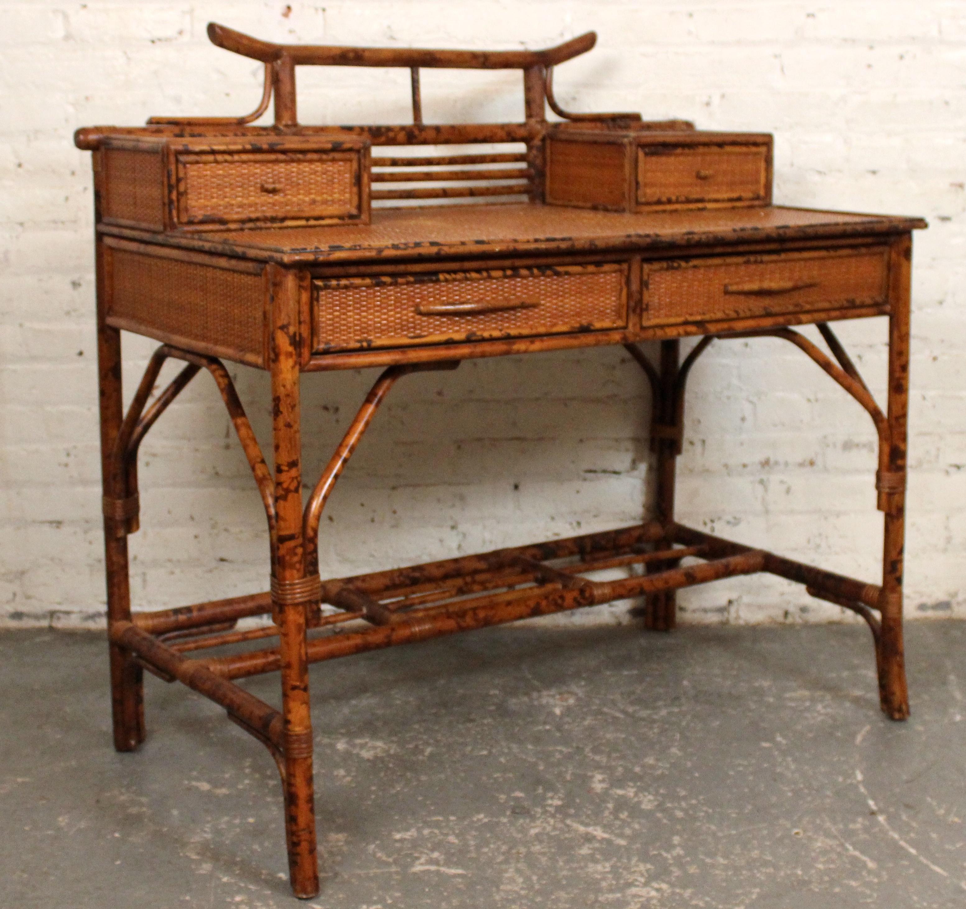 Unknown Vintage British Colonial Faux Bamboo & Grasscloth Desk For Sale