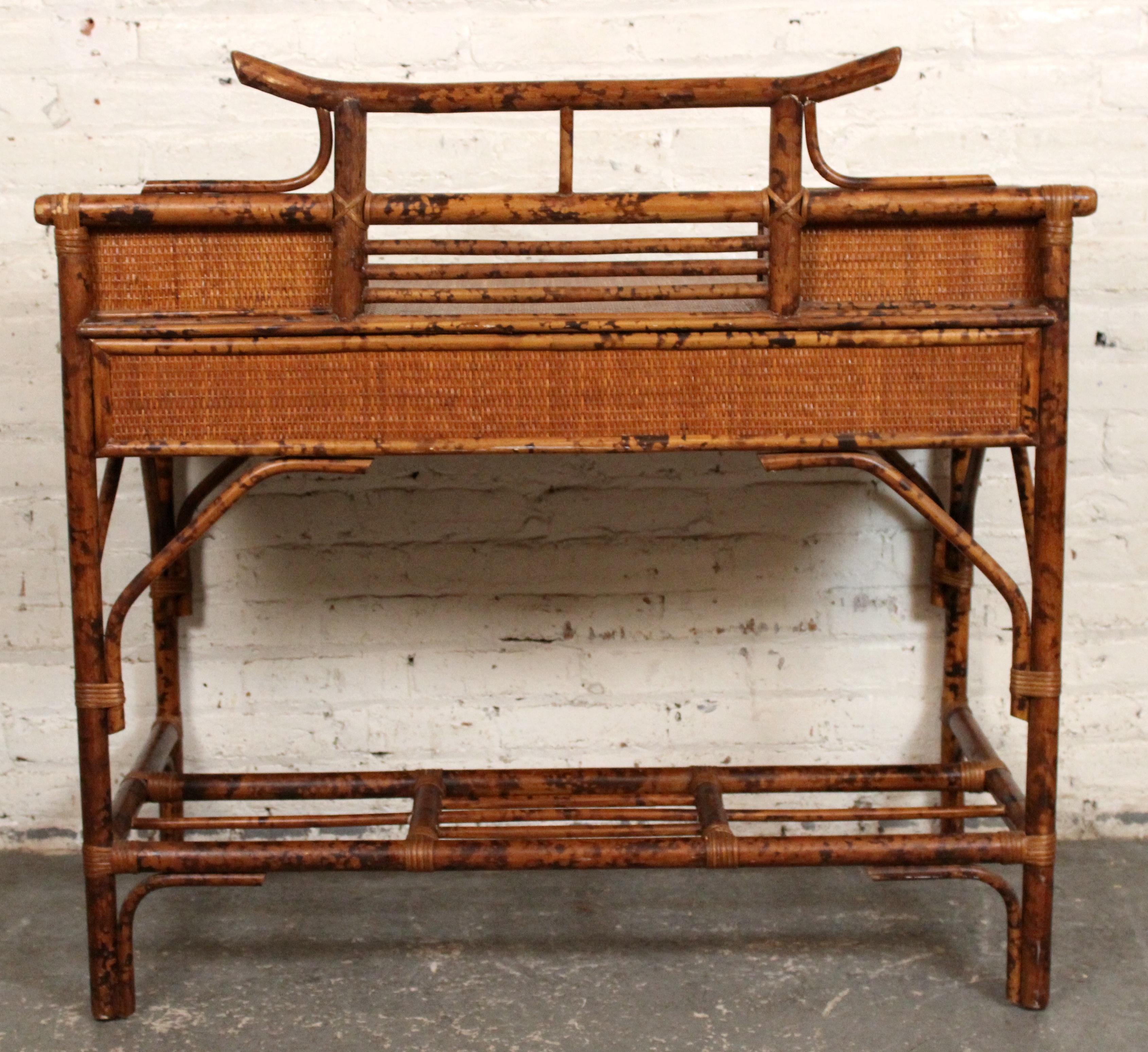 20th Century Vintage British Colonial Faux Bamboo & Grasscloth Desk For Sale
