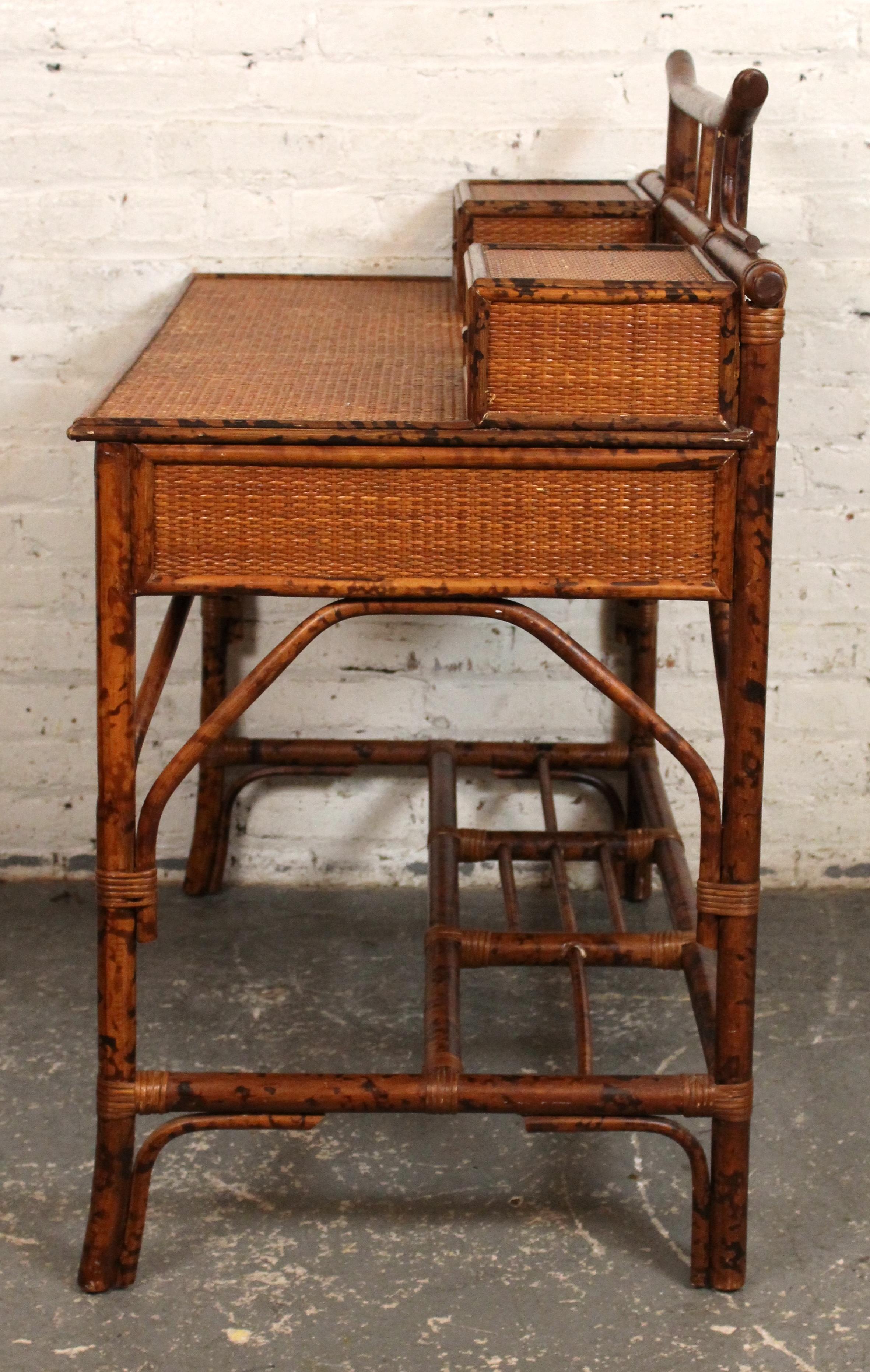 Vintage British Colonial Faux Bamboo & Grasscloth Desk For Sale 1