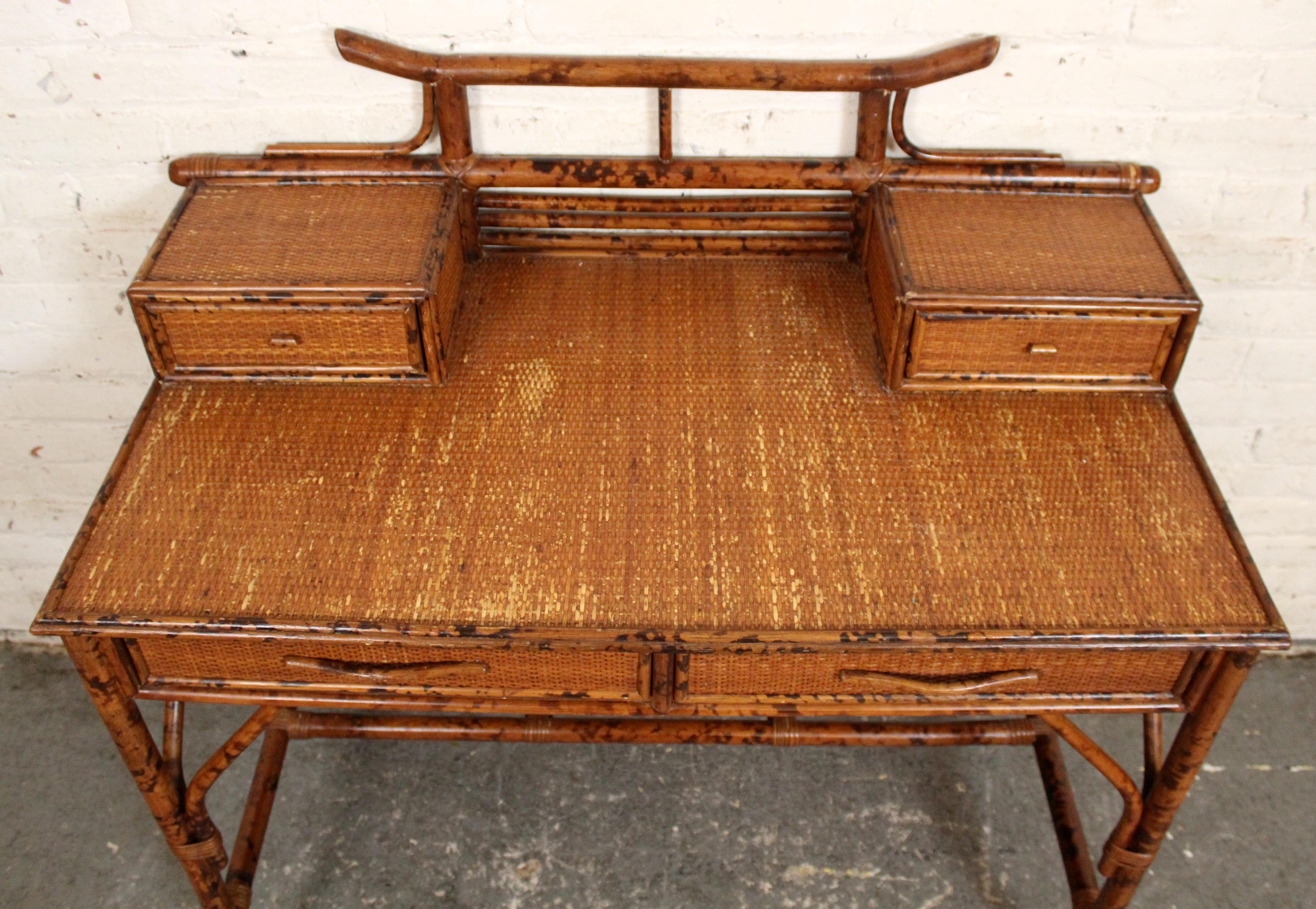 Vintage British Colonial Faux Bamboo & Grasscloth Desk For Sale 2