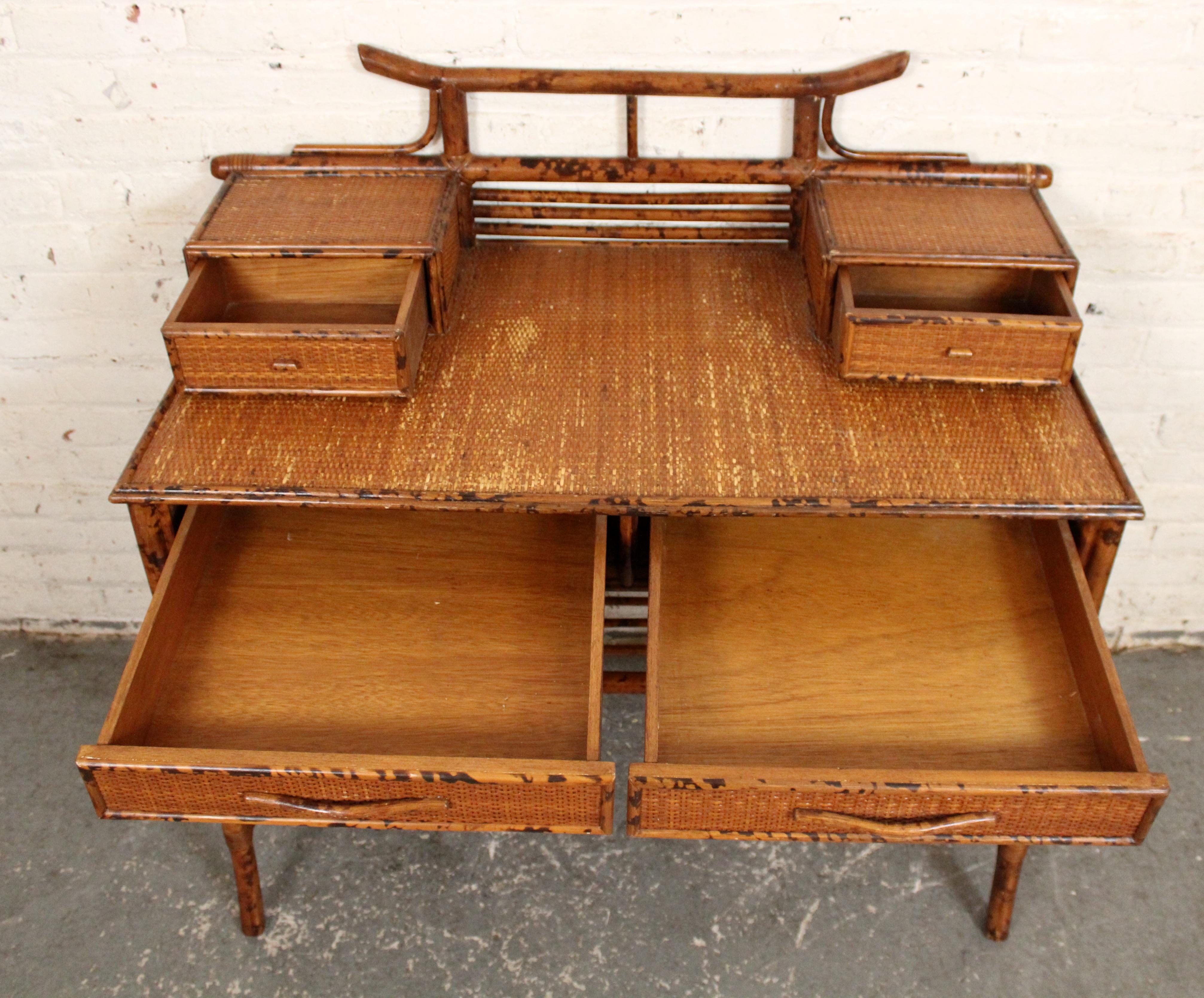 Vintage British Colonial Faux Bamboo & Grasscloth Desk For Sale 3