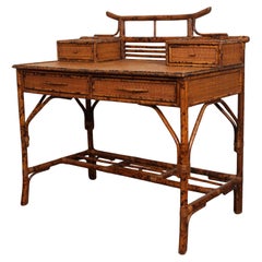 Vintage British Colonial Faux Bamboo & Grasscloth Desk