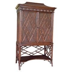 Vintage British Colonial Pagoda Rattan Fretwork Diamond Weave Armoire