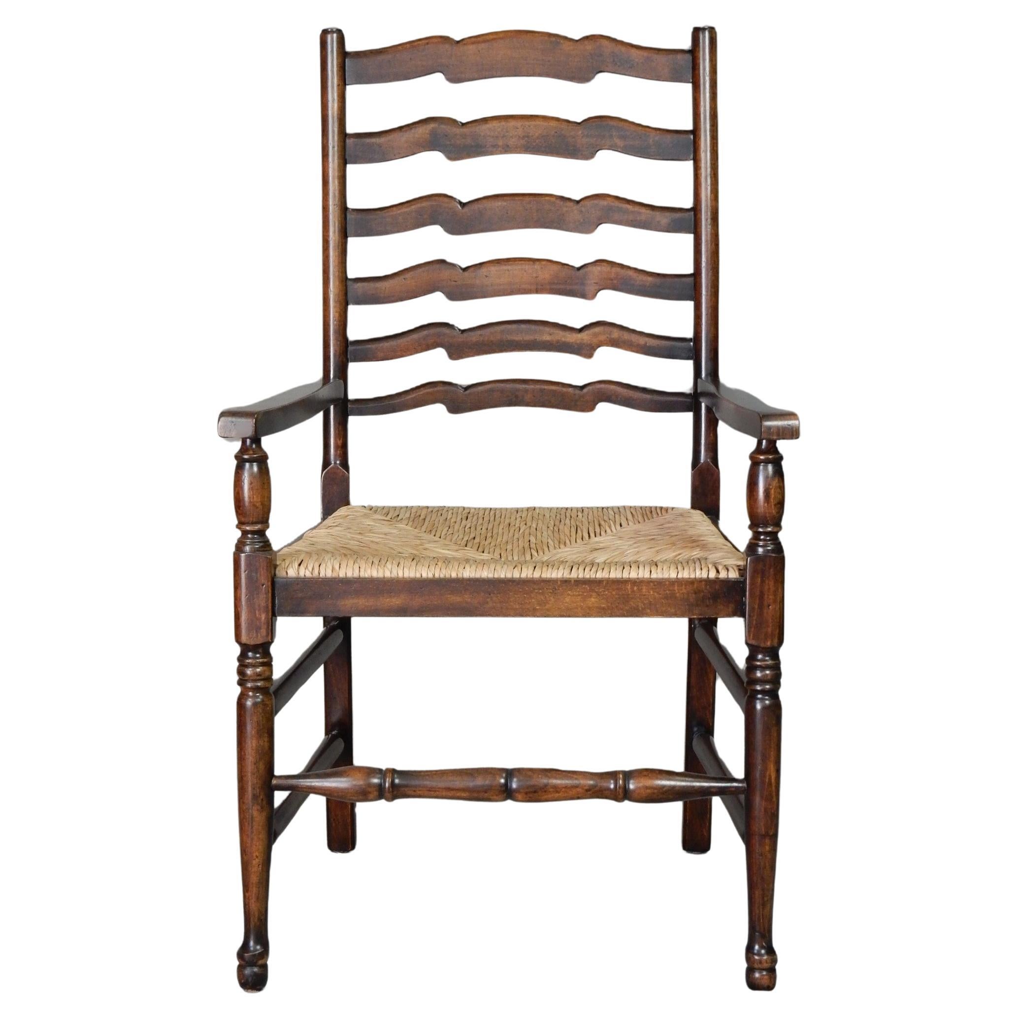 Vintage British Colonial Plantation Ladder Back Rush Armchairs Pair In Good Condition For Sale In Las Vegas, NV