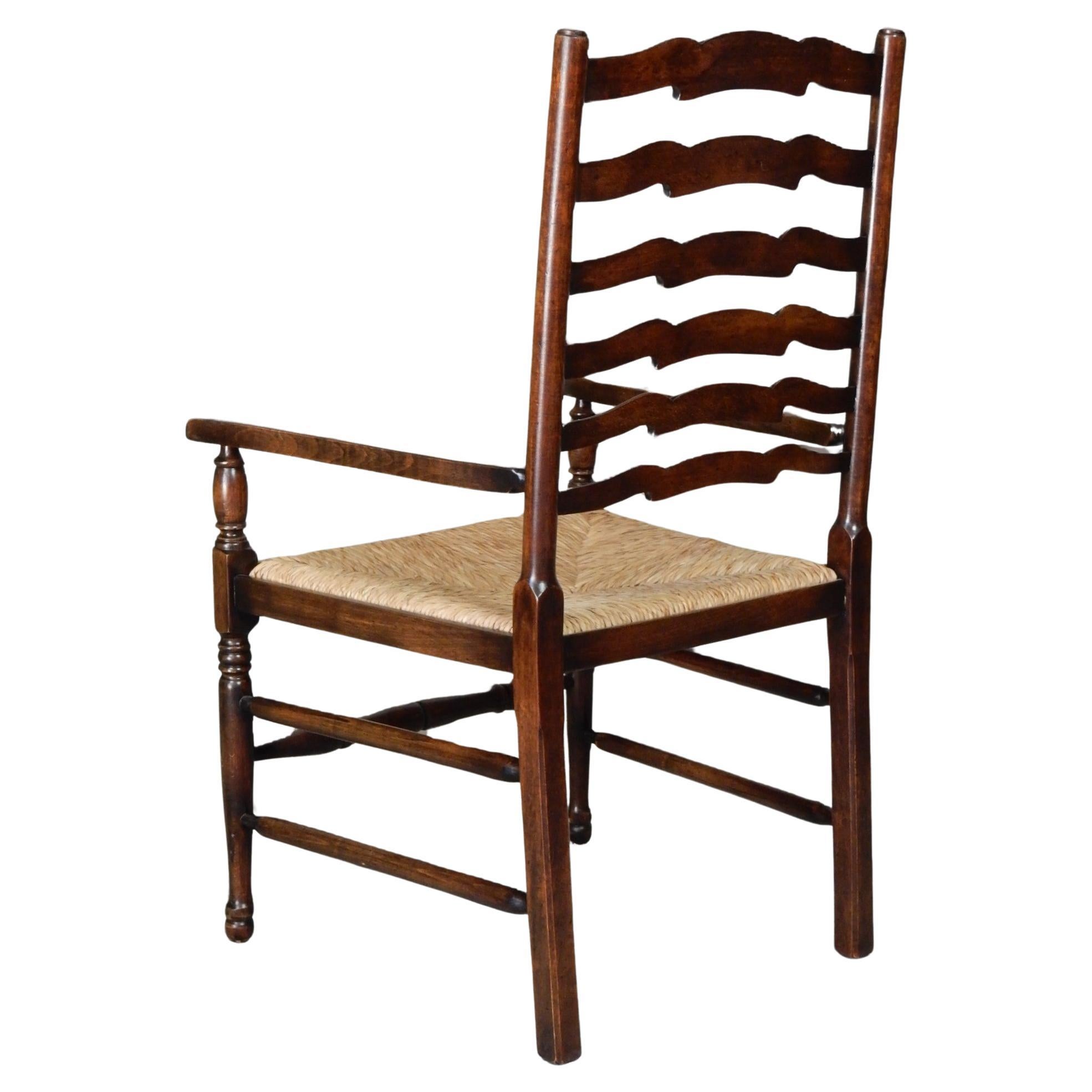 Mid-20th Century Vintage British Colonial Plantation Ladder Back Rush Armchairs Pair For Sale