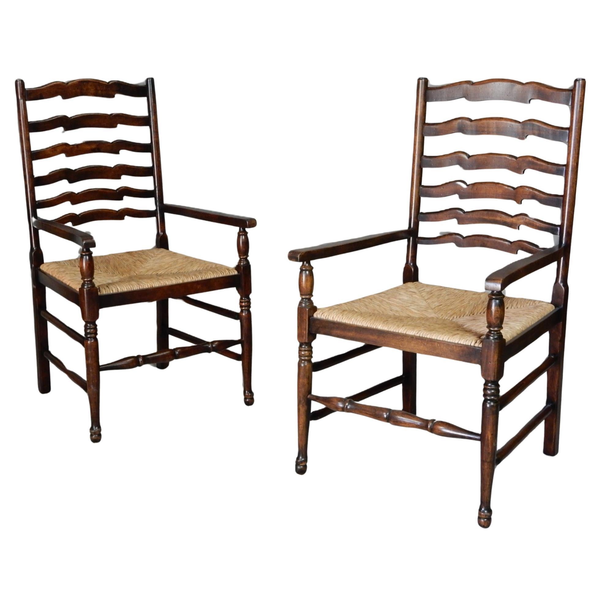 Vintage British Colonial Plantation Ladder Back Rush Armchairs Pair For Sale 5