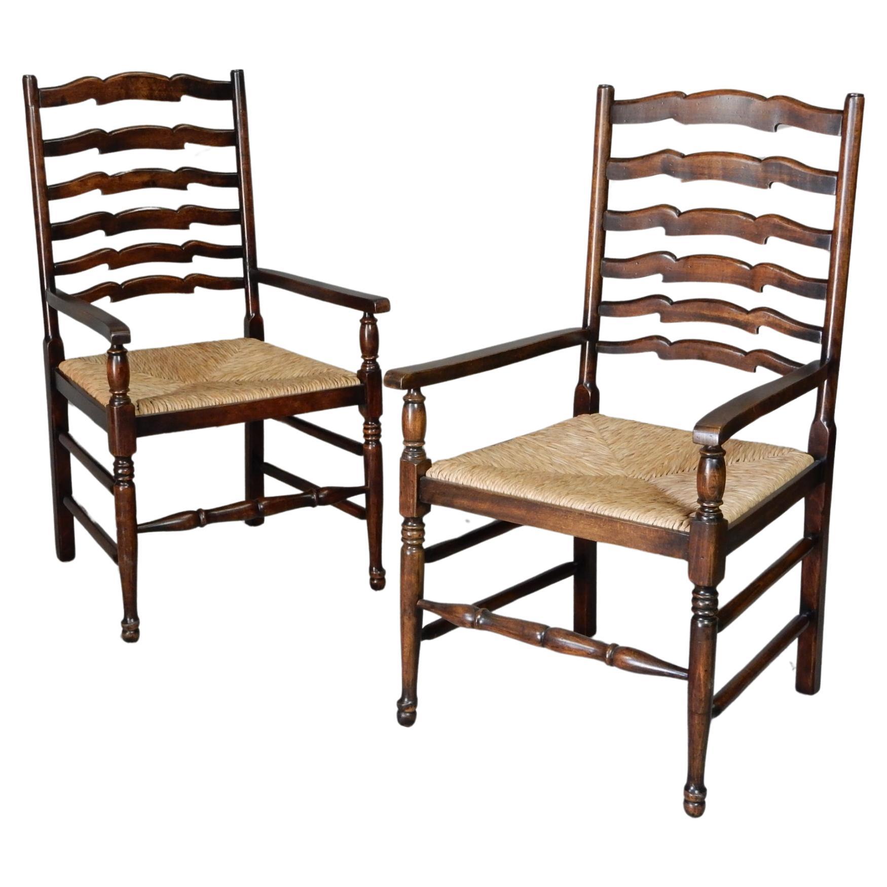 Vintage British Colonial Plantation Ladder Back Rush Armchairs Pair For Sale