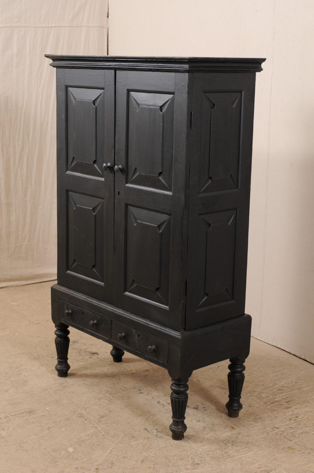 Hardwood Vintage British Colonial Raised Black Colored Cabinet, Mid-20th Century