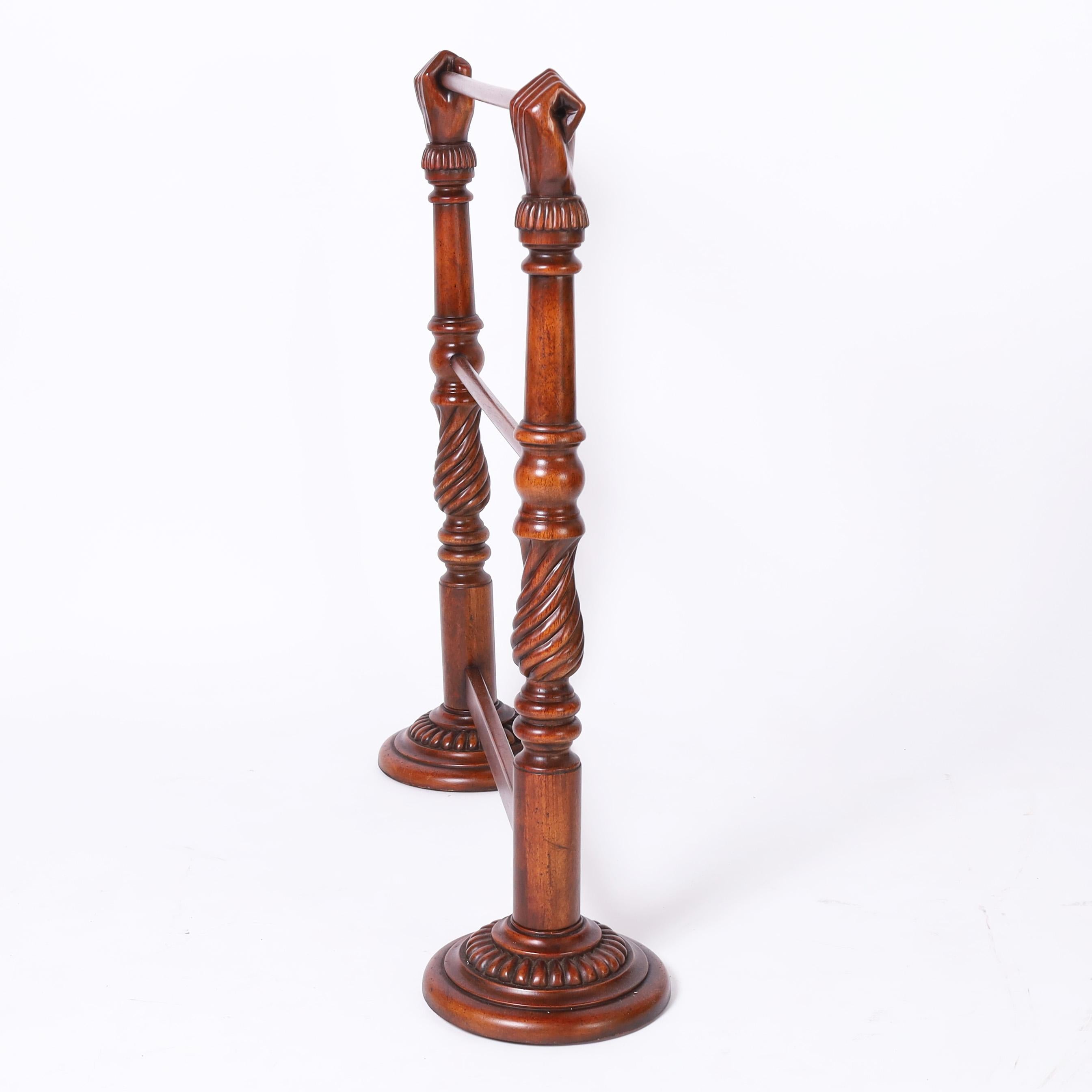 Hand-Carved Vintage British Colonial Style Anglo Indian Blanket Rack with Carved Fists For Sale
