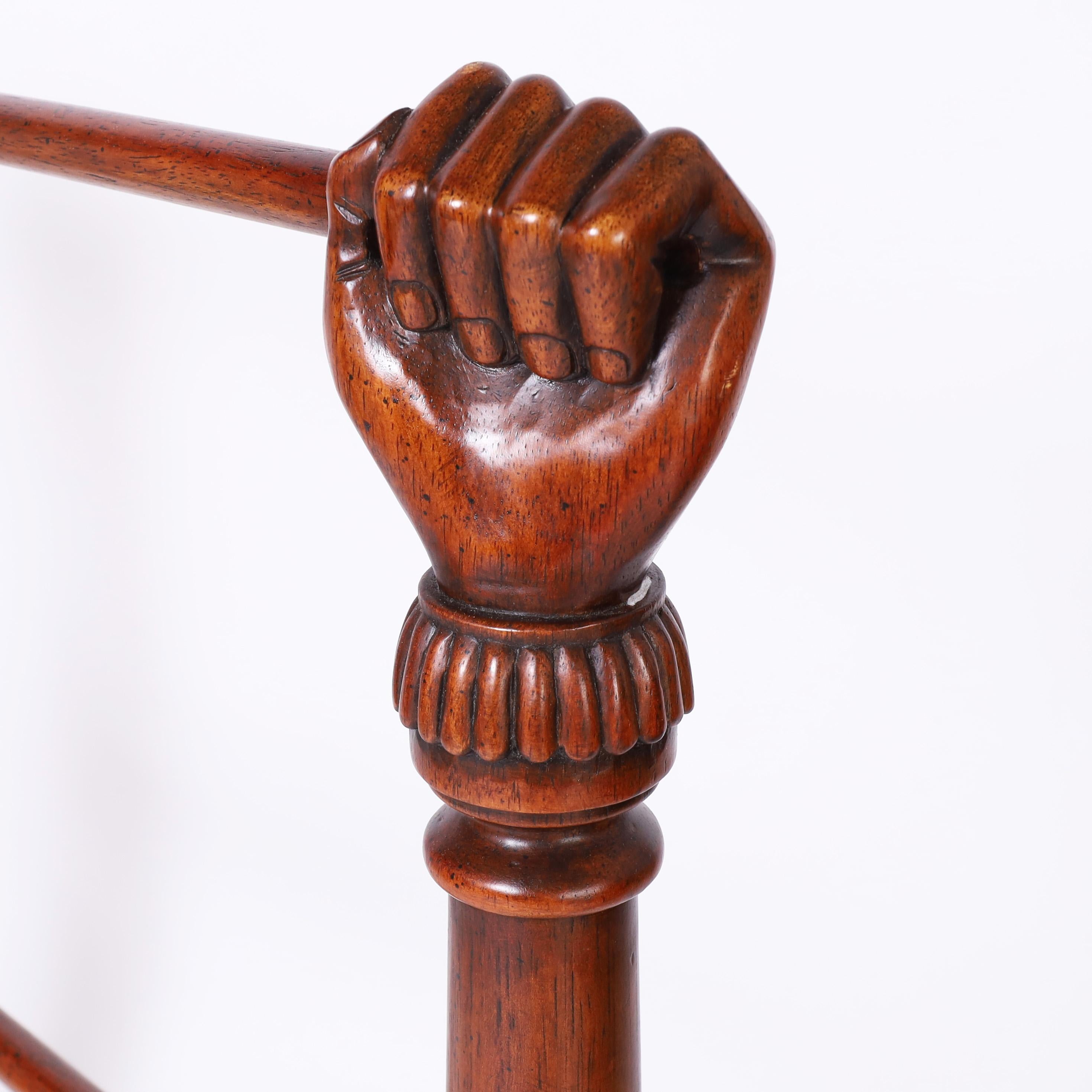 Vintage British Colonial Style Anglo Indian Blanket Rack with Carved Fists In Good Condition For Sale In Palm Beach, FL