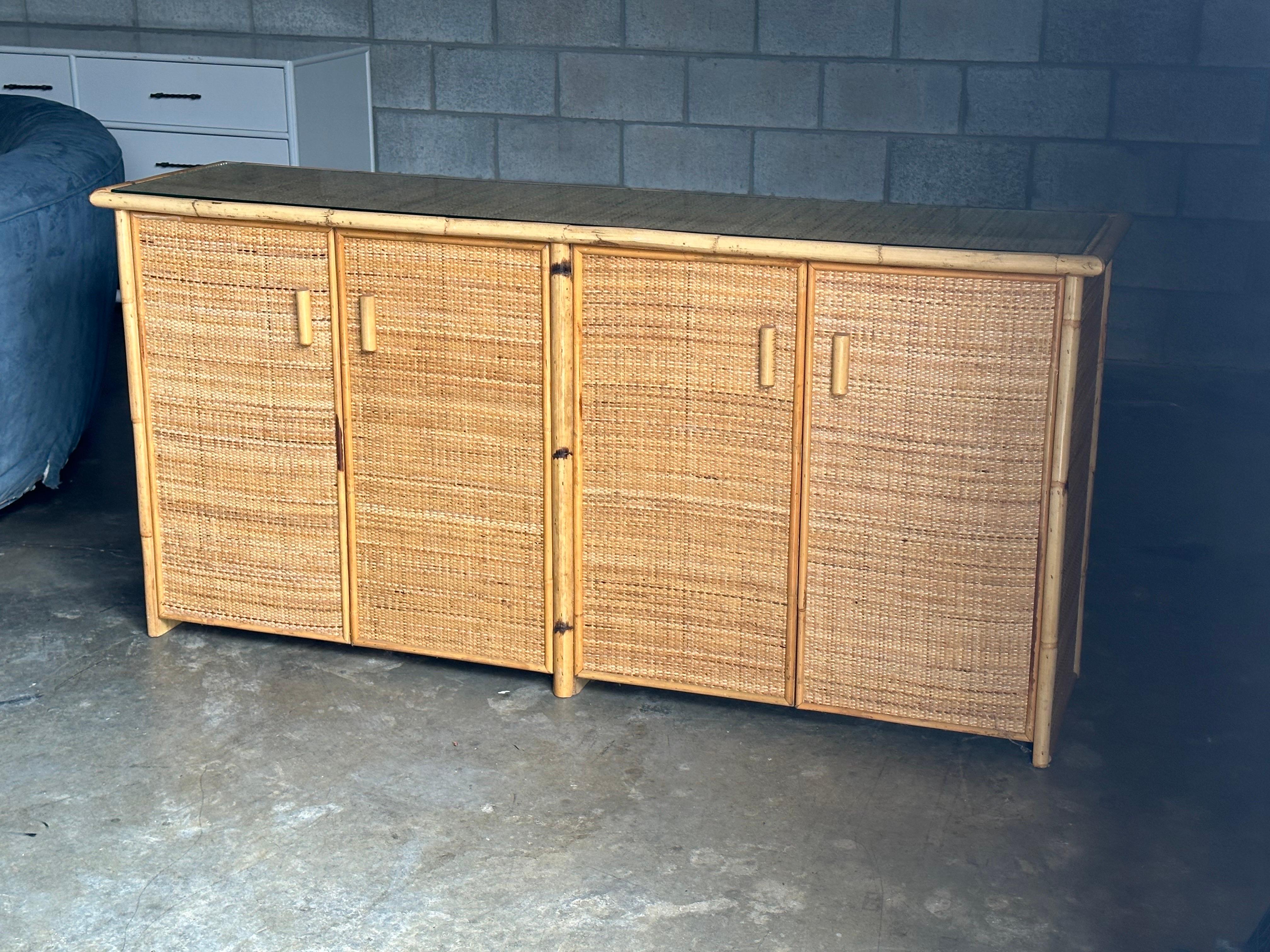 Vintage British Colonial Style Bamboo and Cane Sideboard In Good Condition For Sale In St.Petersburg, FL