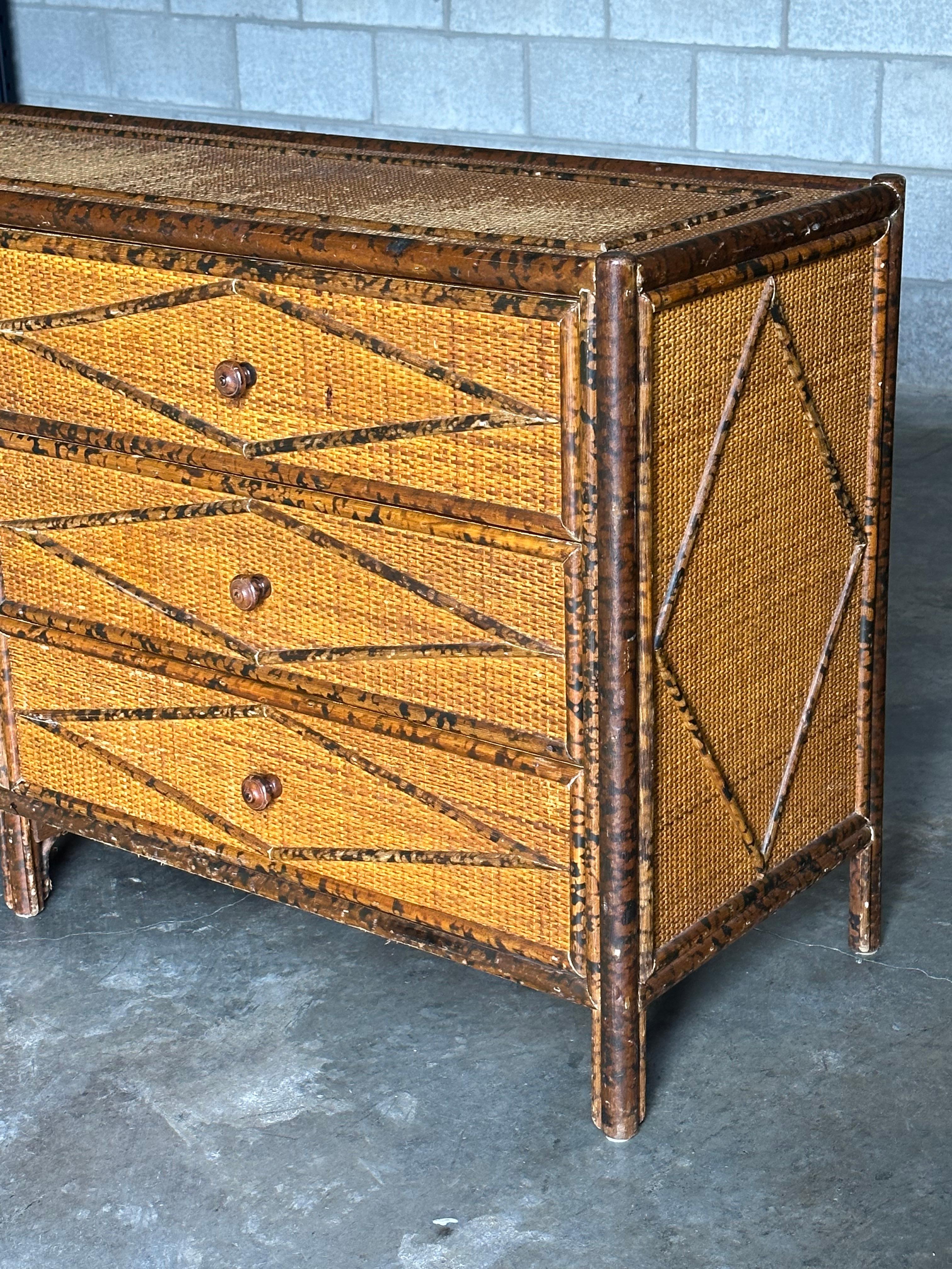 Faux Bamboo Vintage British Colonial Style Bamboo and Rattan Lowboy Dresser For Sale