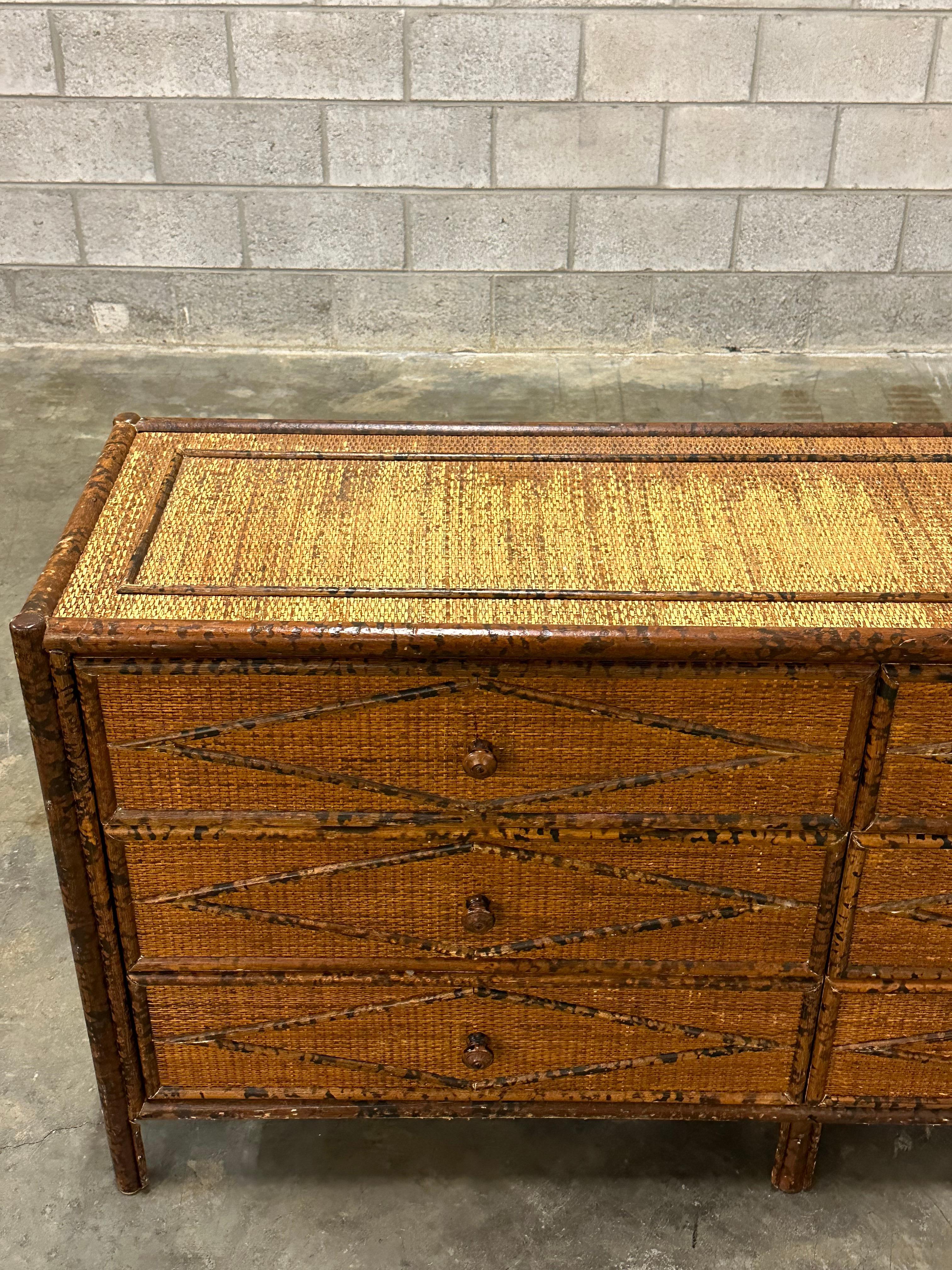 Vintage British Colonial Style Bamboo and Rattan Lowboy Dresser For Sale 1