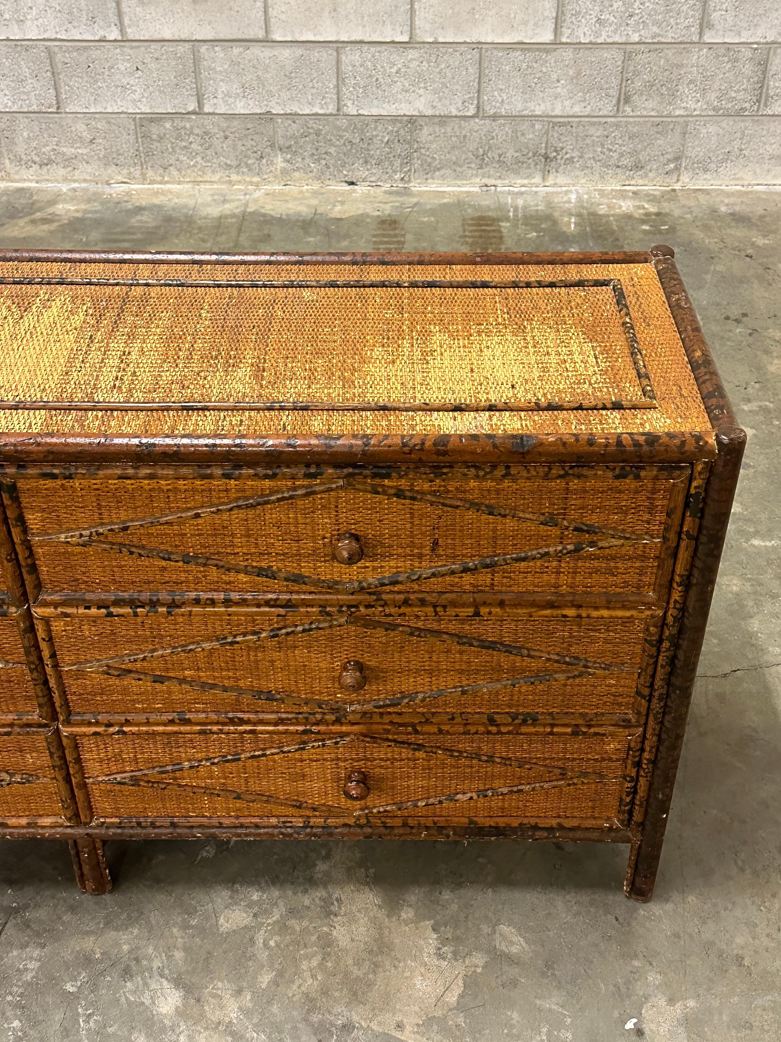 Vintage British Colonial Style Bamboo and Rattan Lowboy Dresser For Sale 2