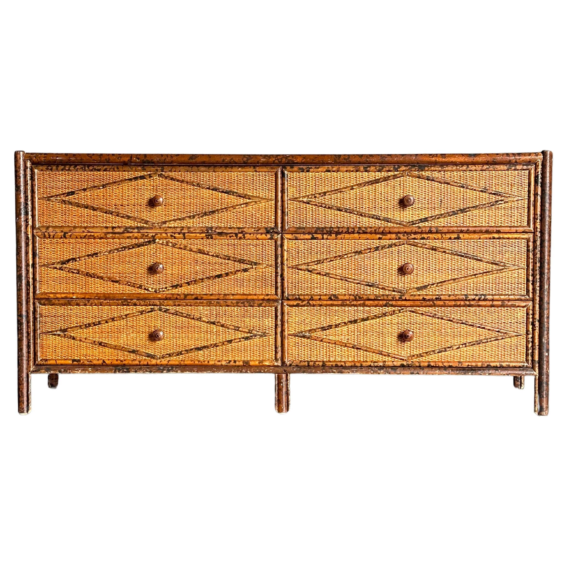 Vintage British Colonial Style Bamboo and Rattan Lowboy Dresser For Sale