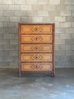 Vintage British Colonial Style Bamboo and Rattan Tall Chest