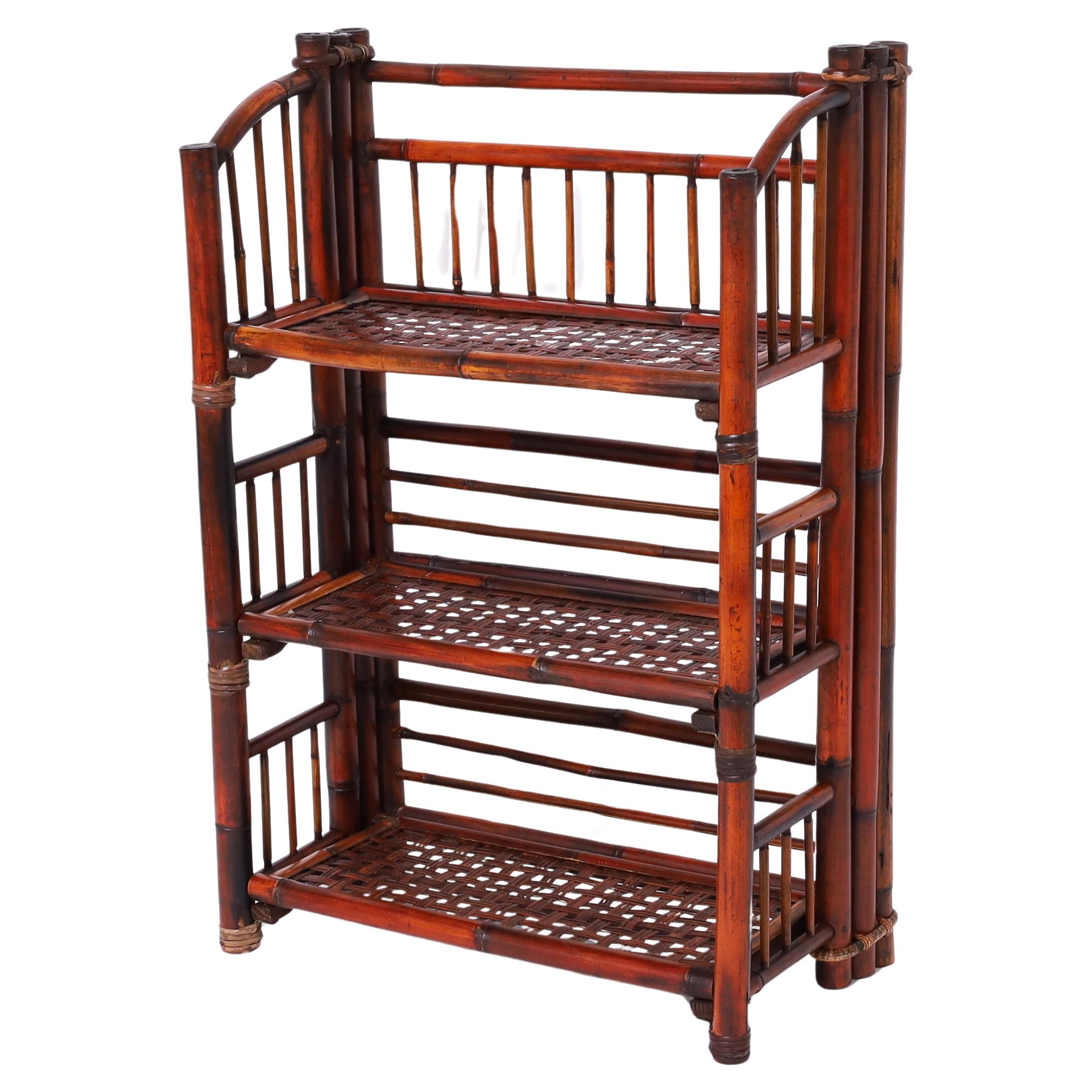 Vintage British Colonial Style Bamboo Three Tiered Folding Etagere