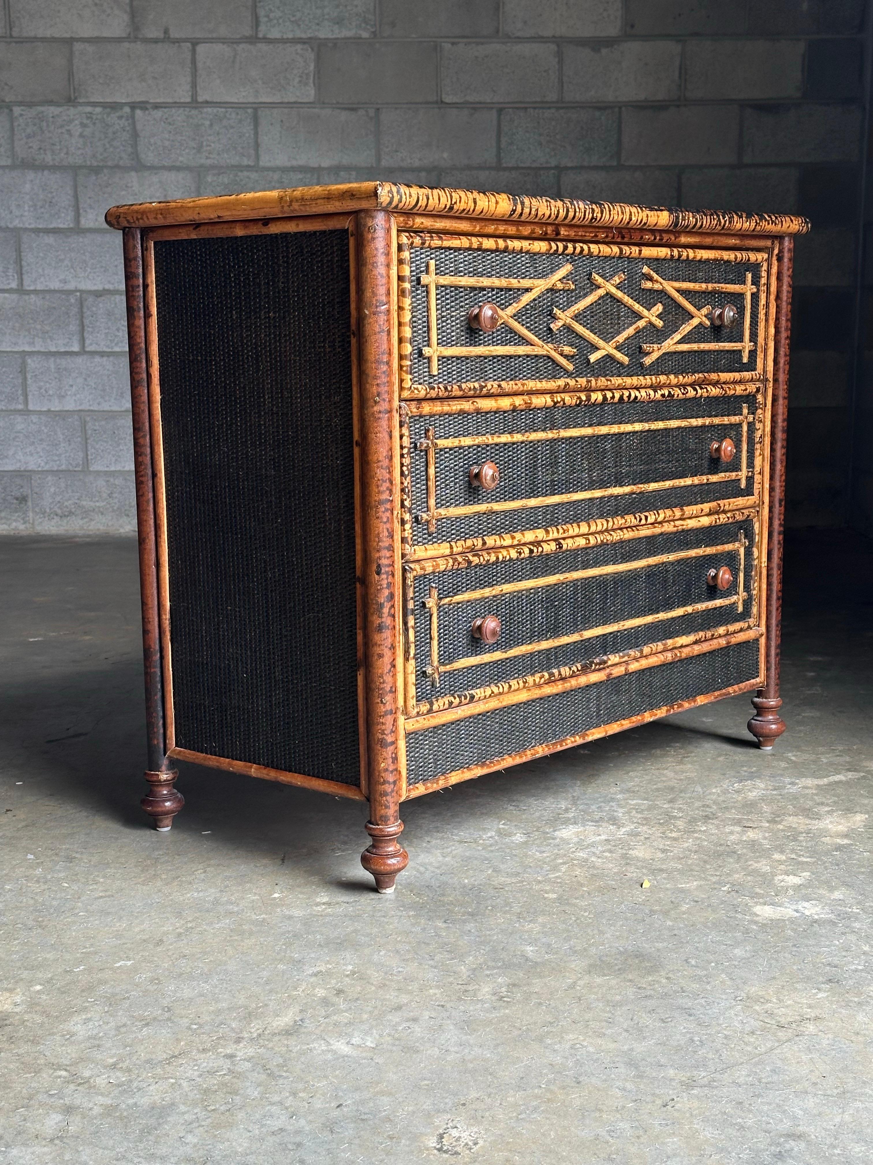 Vintage British Colonial Style Burnt Bamboo and Cane Dresser For Sale 5