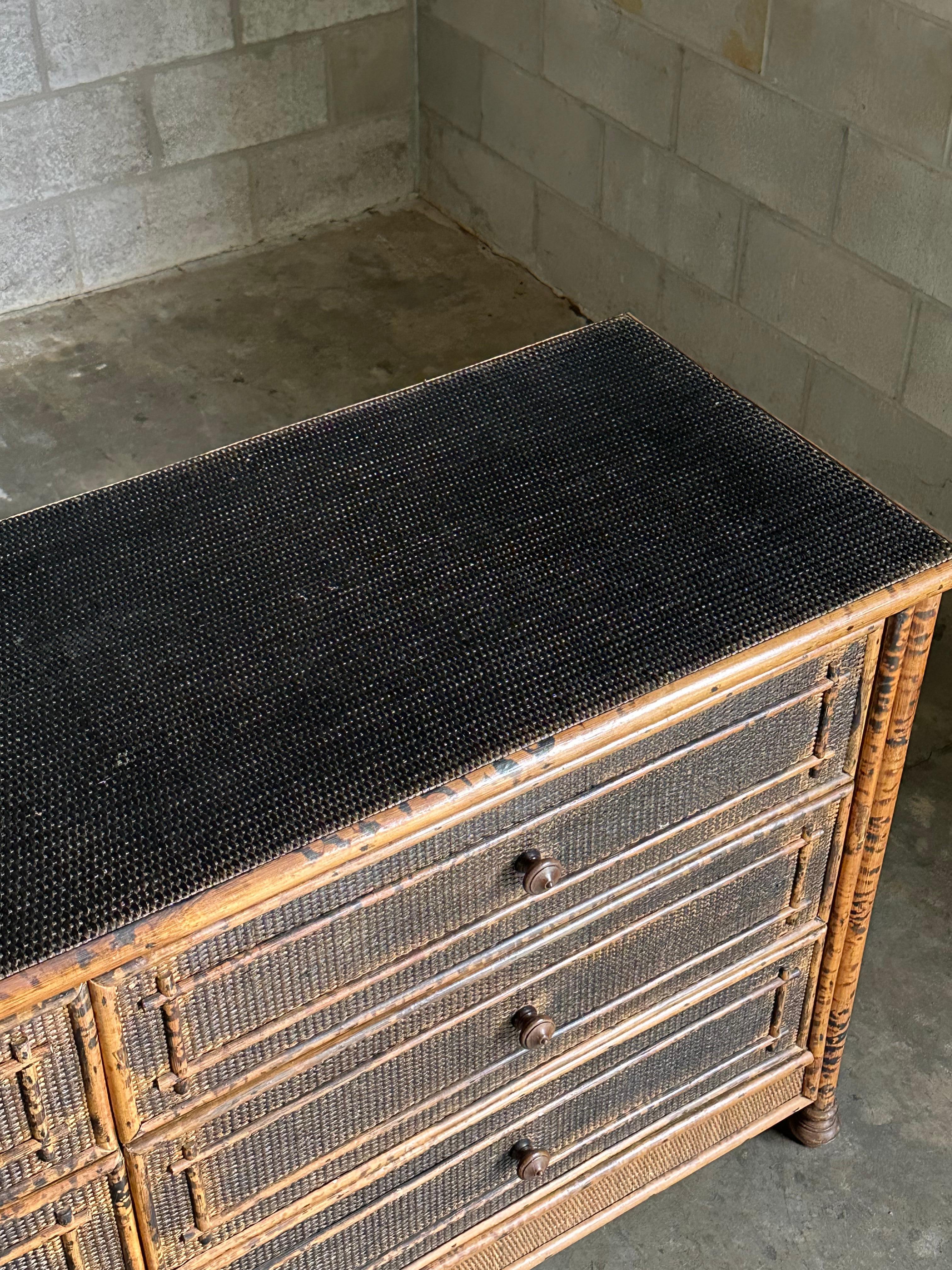 Vintage British Colonial Style Burnt Bamboo and Cane Dresser 4