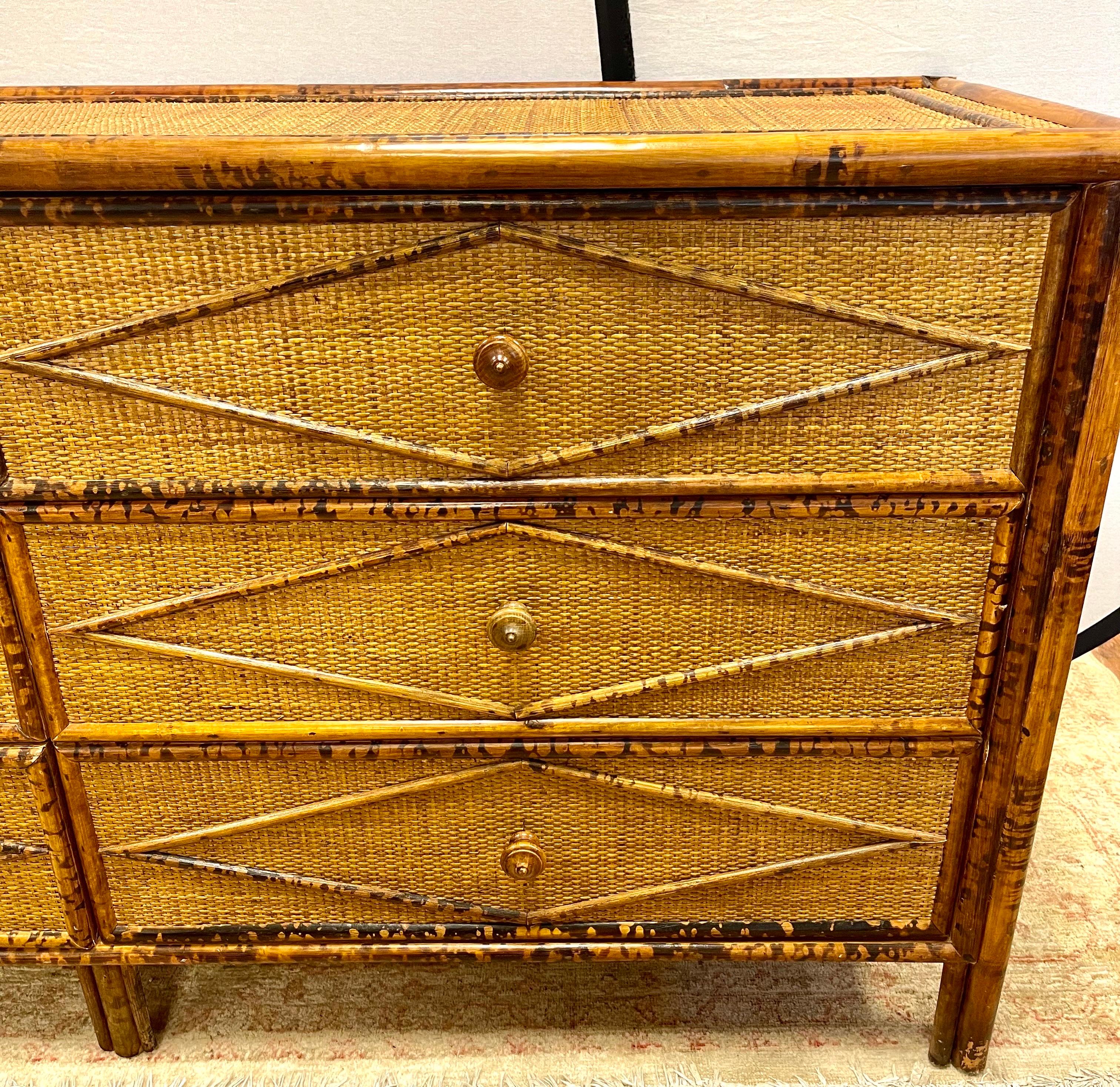 Mid-Century Modern Vintage British Colonial Style Burnt Bamboo, Rattan and Cane Dresser