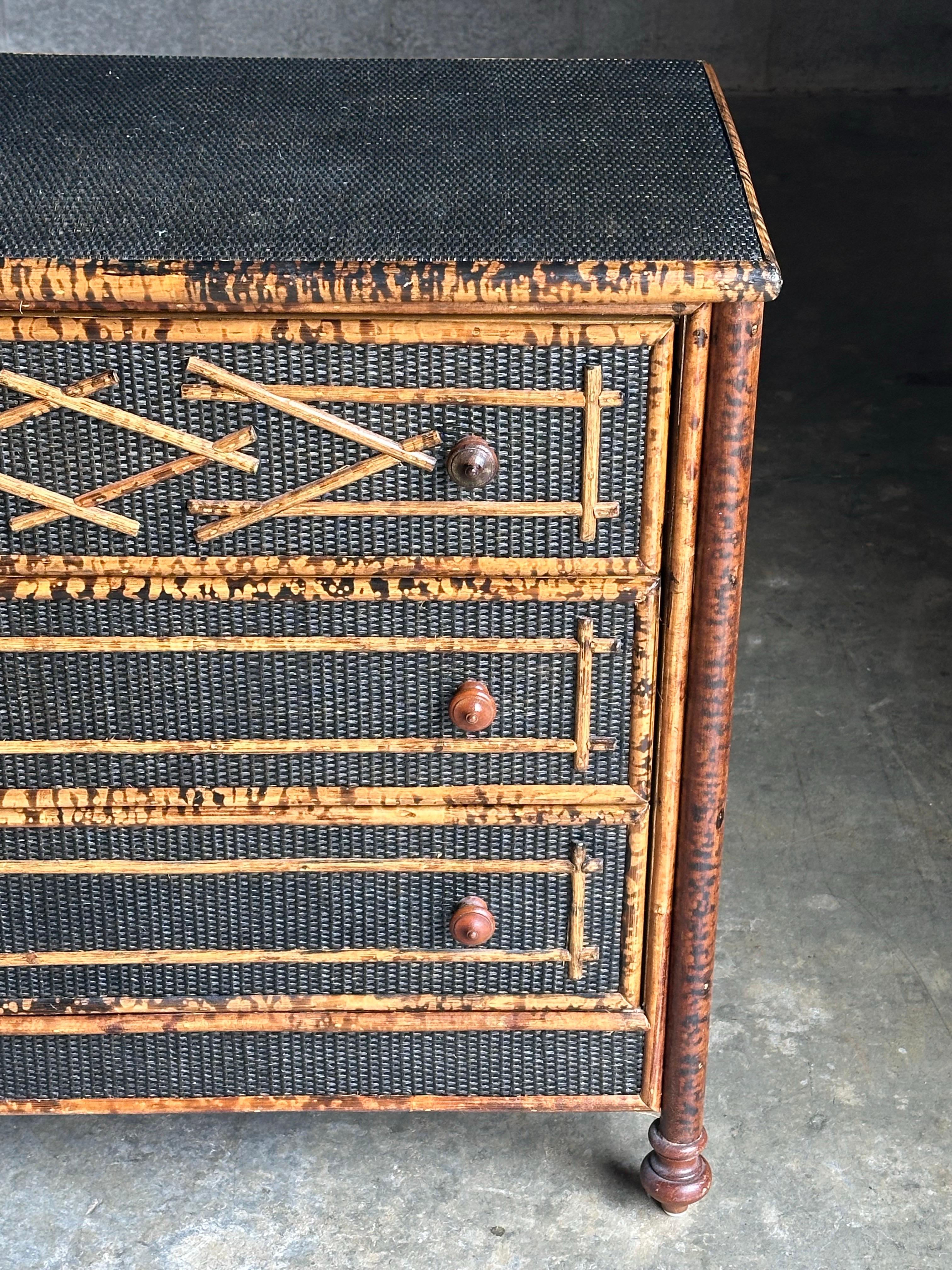 Philippine Vintage British Colonial Style Burnt Bamboo and Cane Dresser For Sale