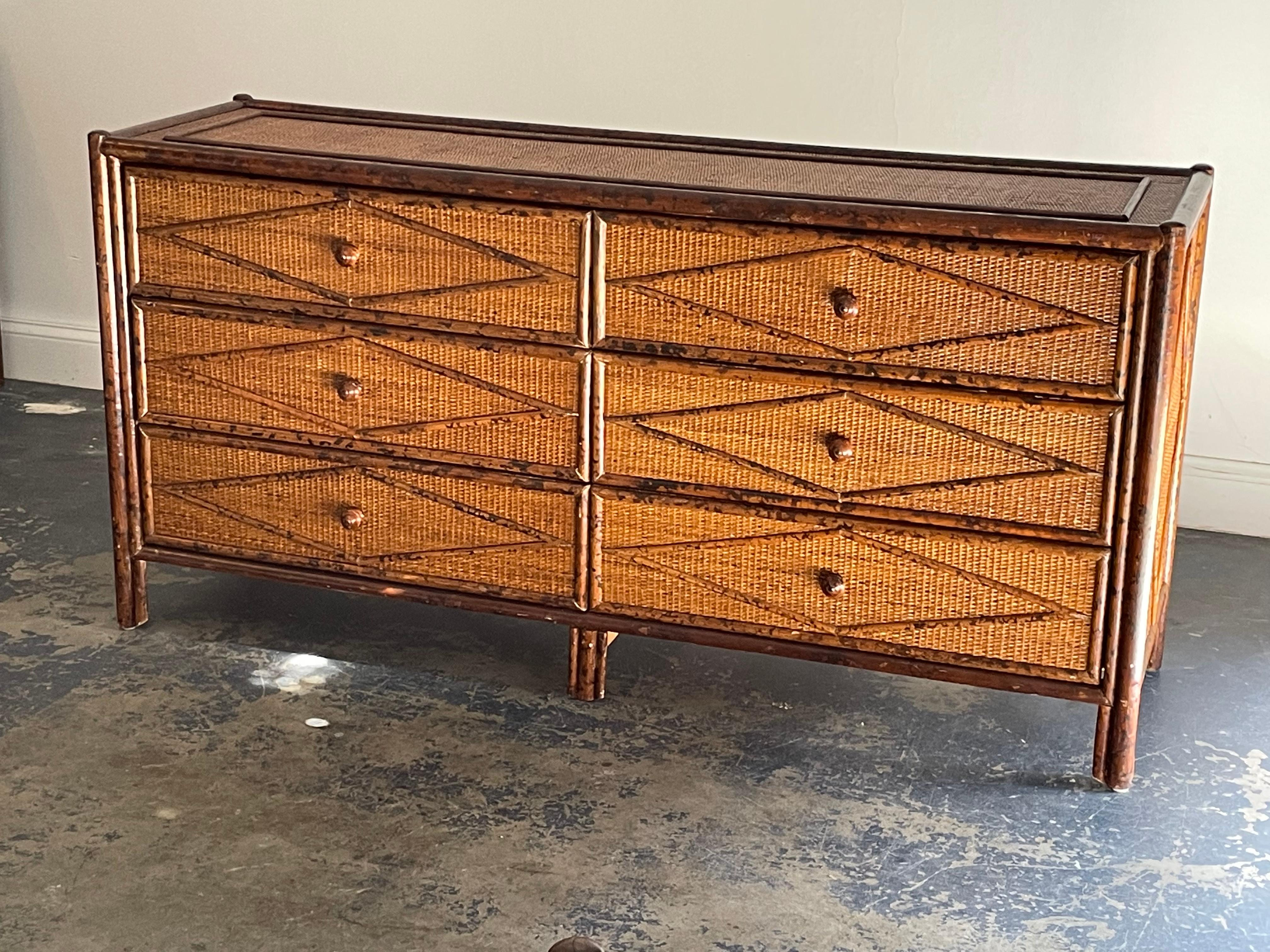 American Vintage British Colonial Style Burnt Bamboo and Cane Dresser