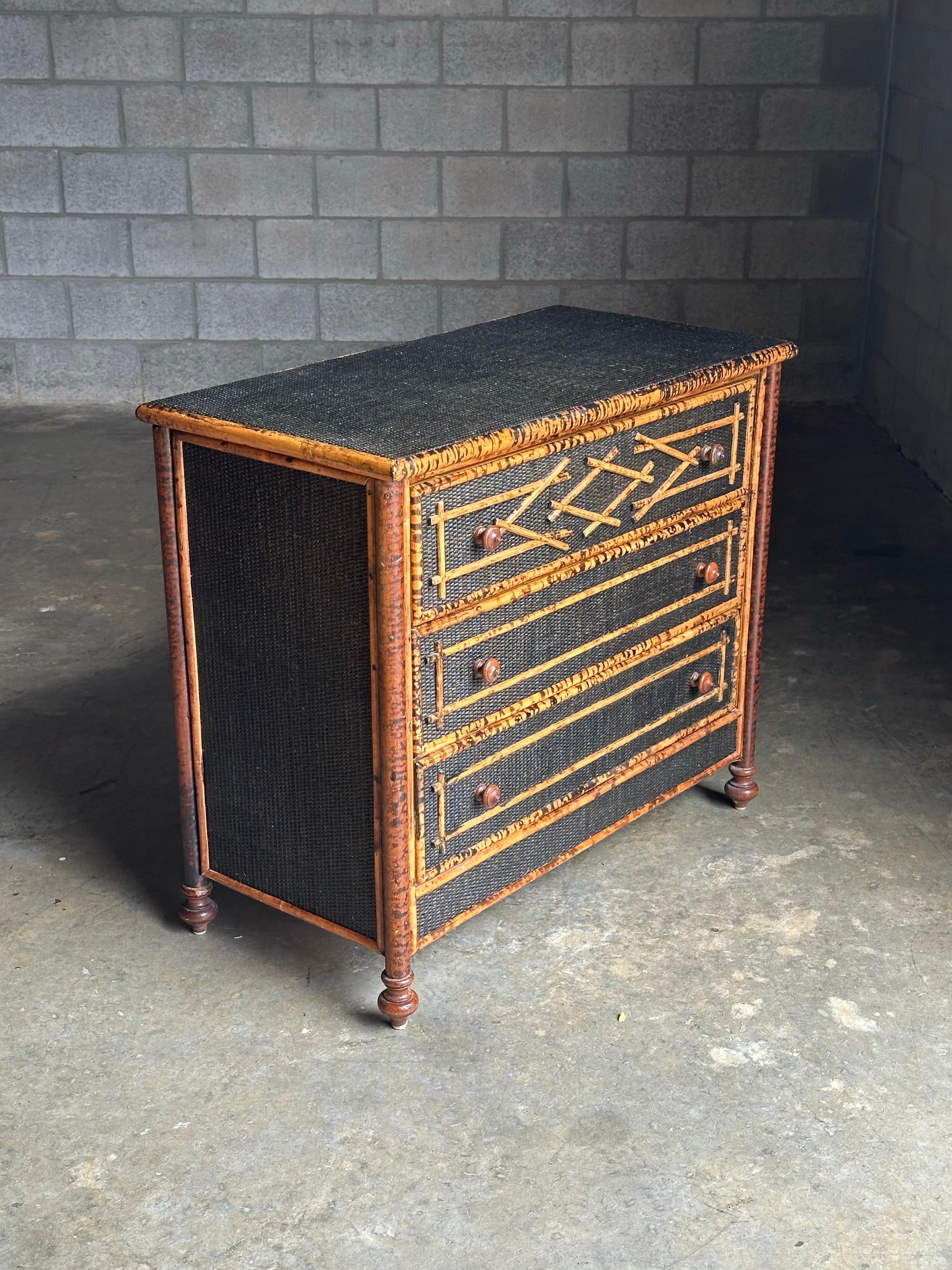 Vintage British Colonial Style Burnt Bamboo and Cane Dresser In Good Condition For Sale In St.Petersburg, FL