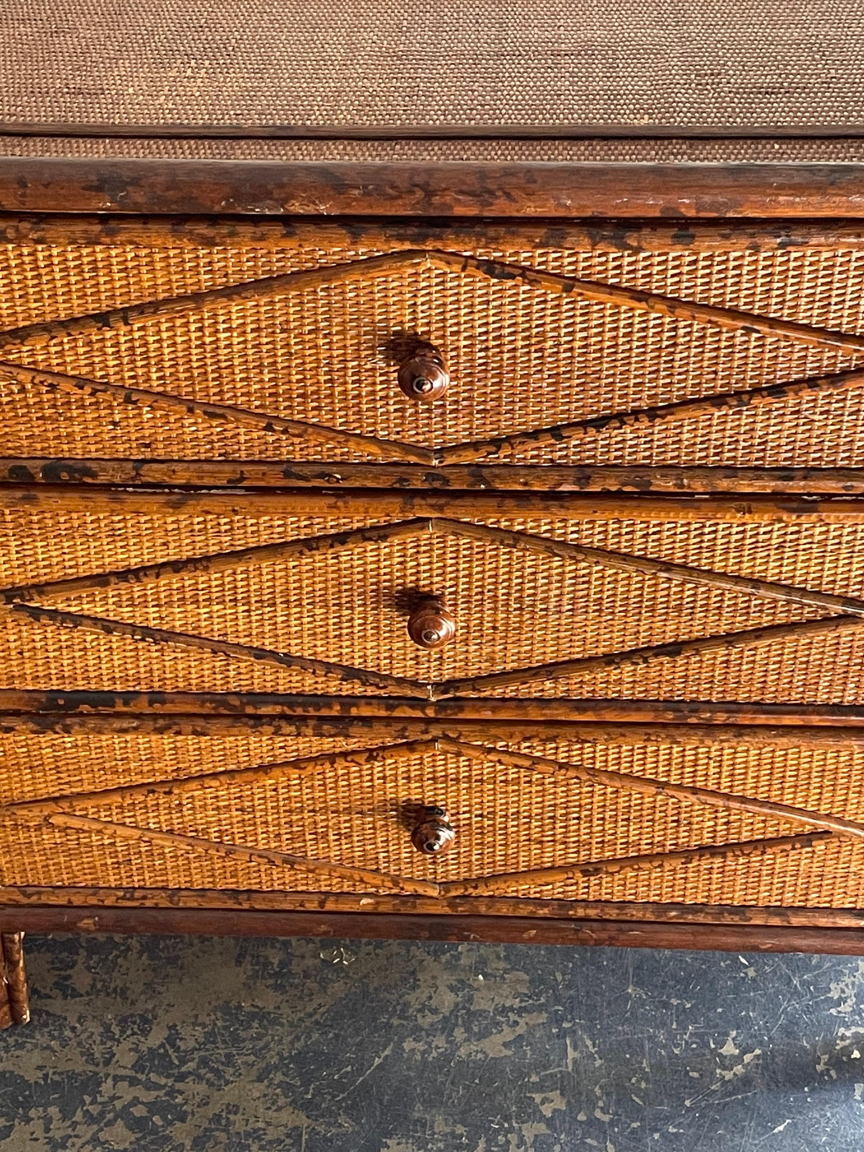 Vintage British Colonial Style Burnt Bamboo and Cane Dresser In Good Condition In St.Petersburg, FL