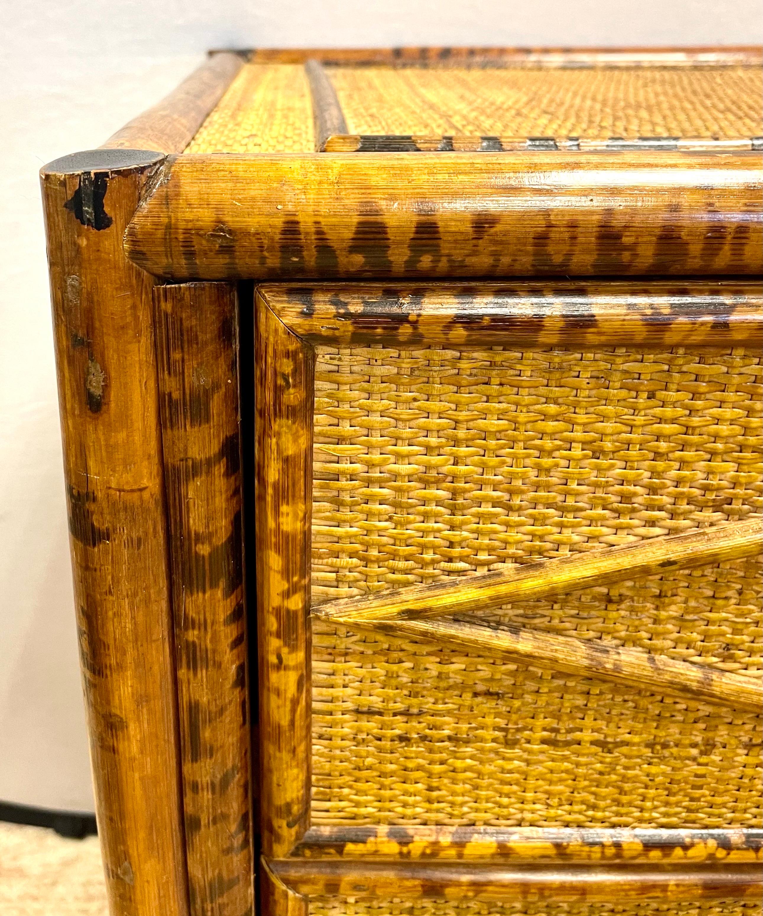 Vintage British Colonial Style Burnt Bamboo, Rattan and Cane Dresser In Good Condition In West Hartford, CT