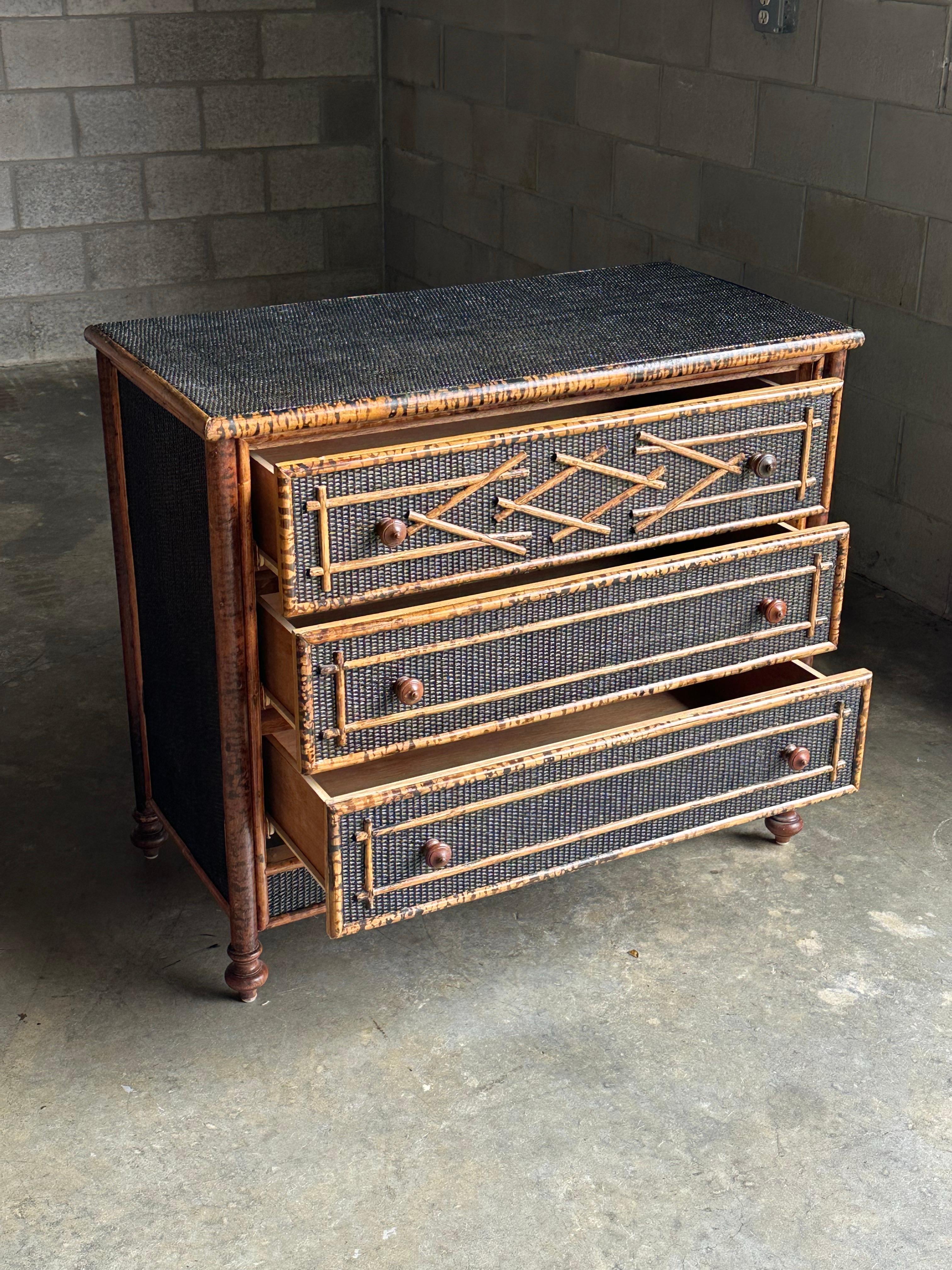 Late 20th Century Vintage British Colonial Style Burnt Bamboo and Cane Dresser For Sale