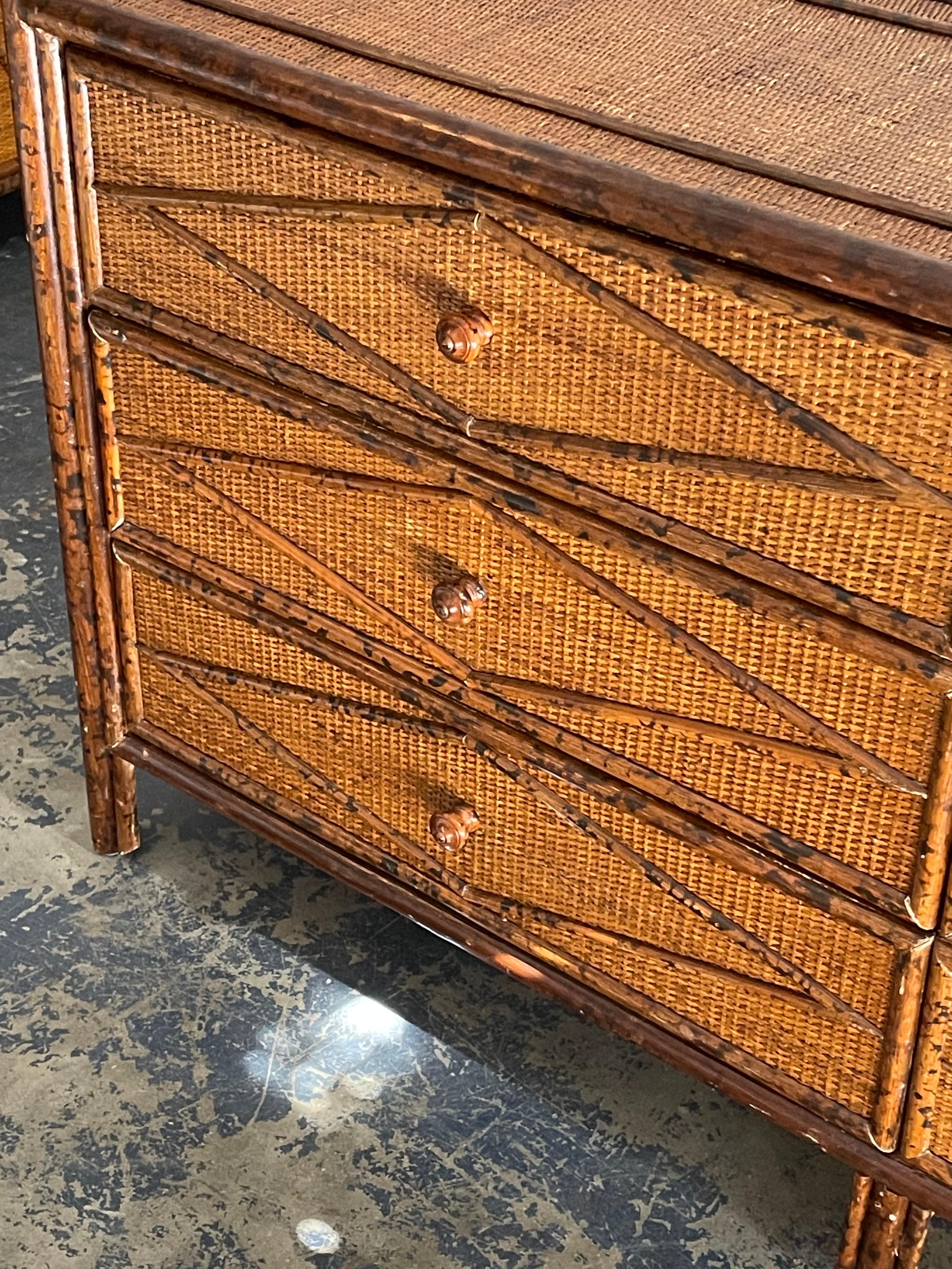 Late 20th Century Vintage British Colonial Style Burnt Bamboo and Cane Dresser