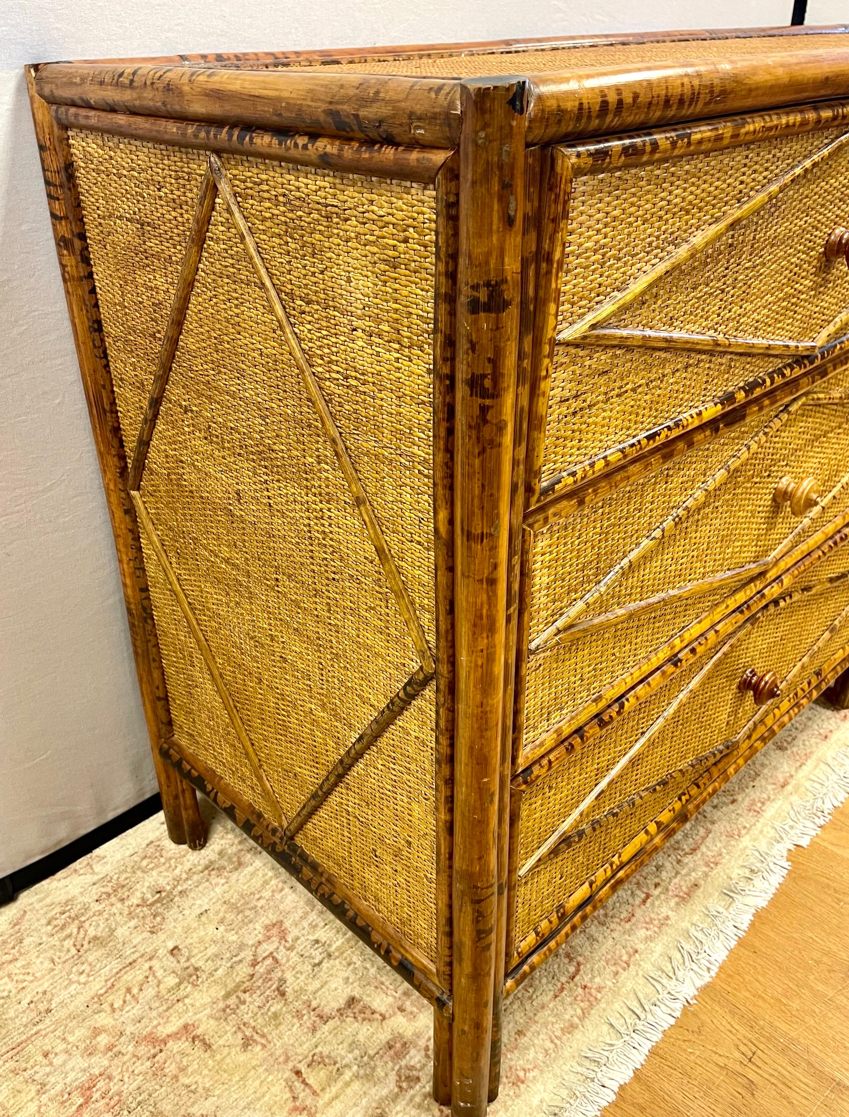 Mid-20th Century Vintage British Colonial Style Burnt Bamboo, Rattan and Cane Dresser