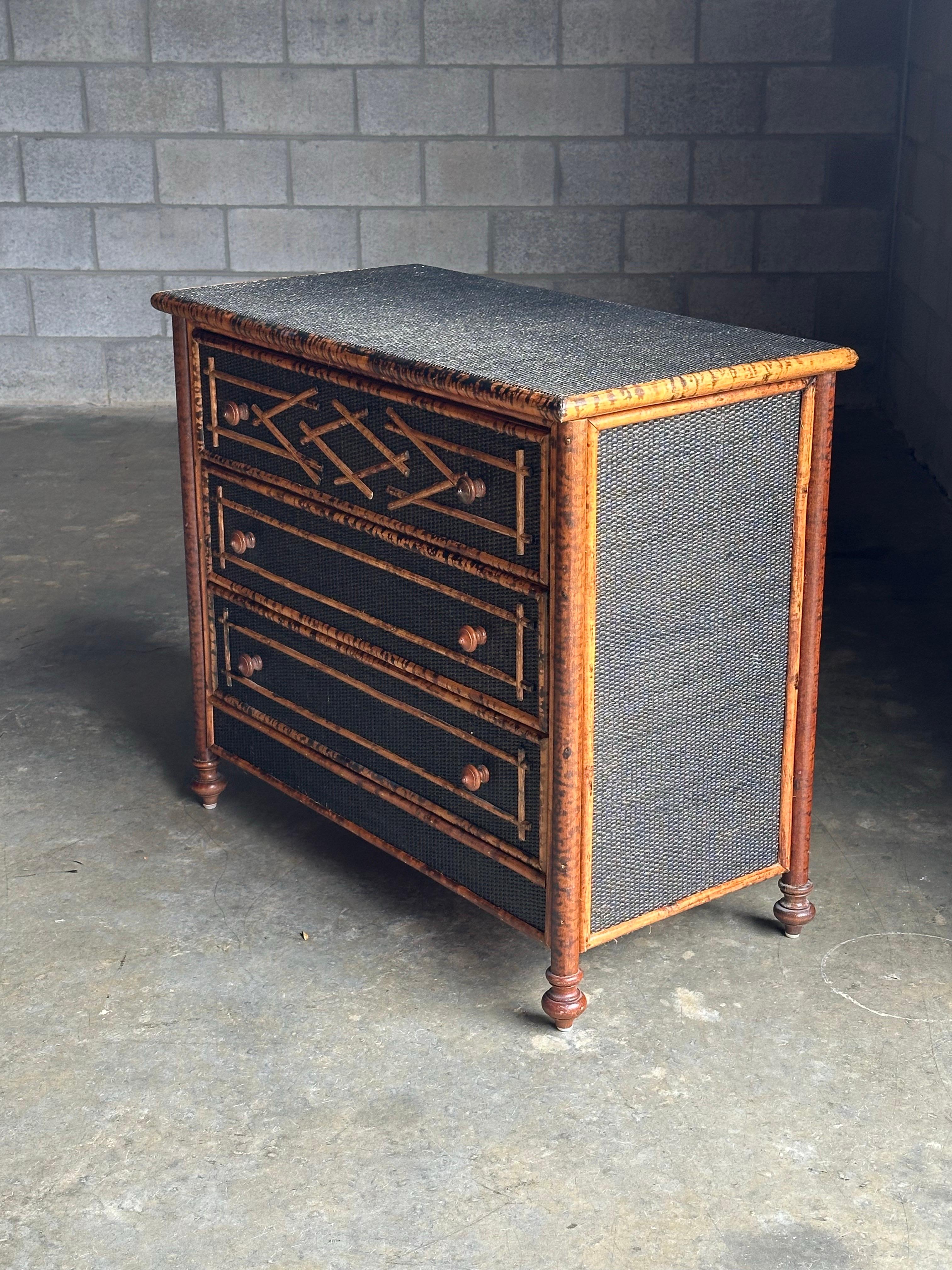 Vintage British Colonial Style Burnt Bamboo and Cane Dresser For Sale 1