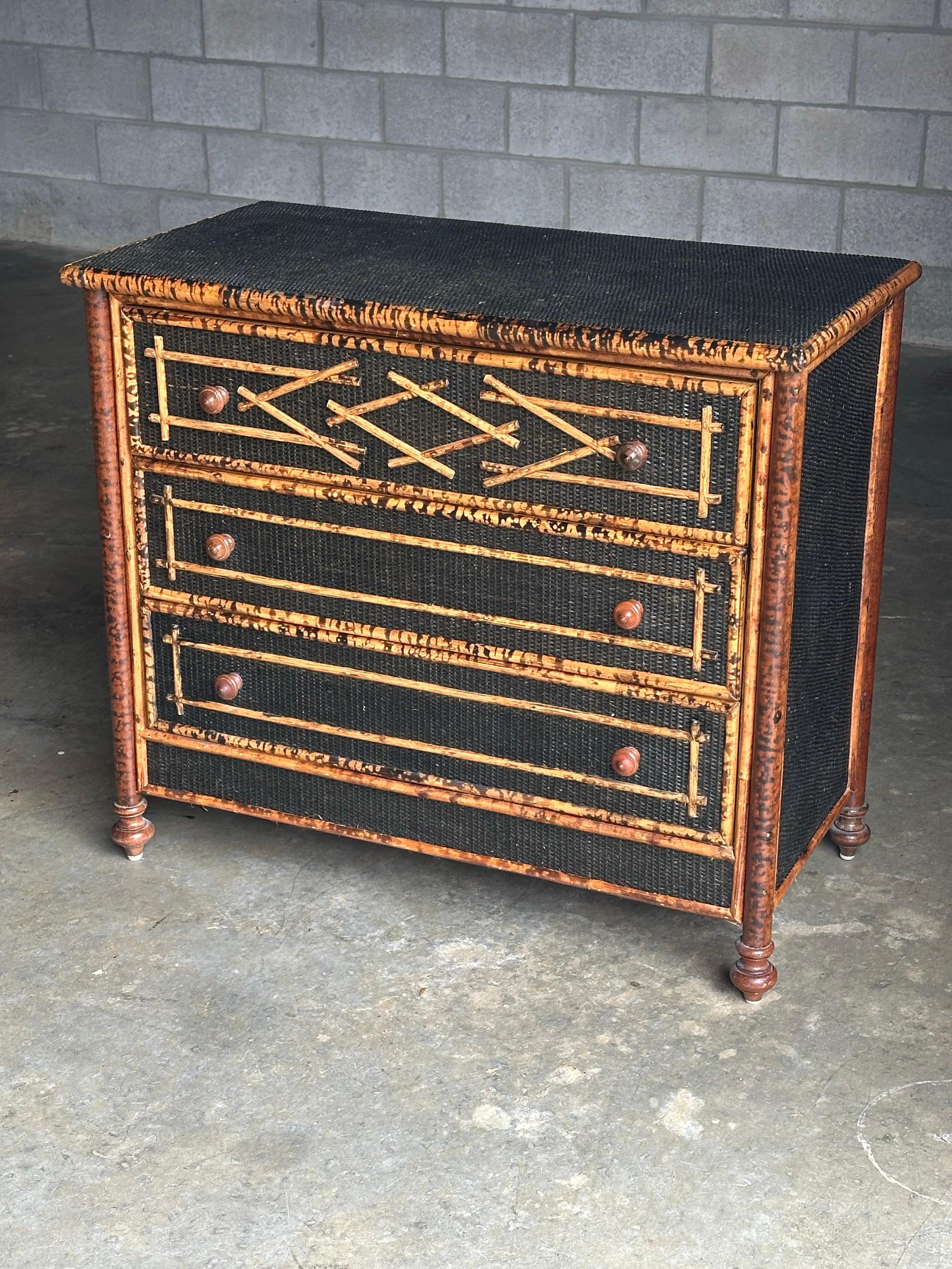 Vintage British Colonial Style Burnt Bamboo and Cane Dresser For Sale 3