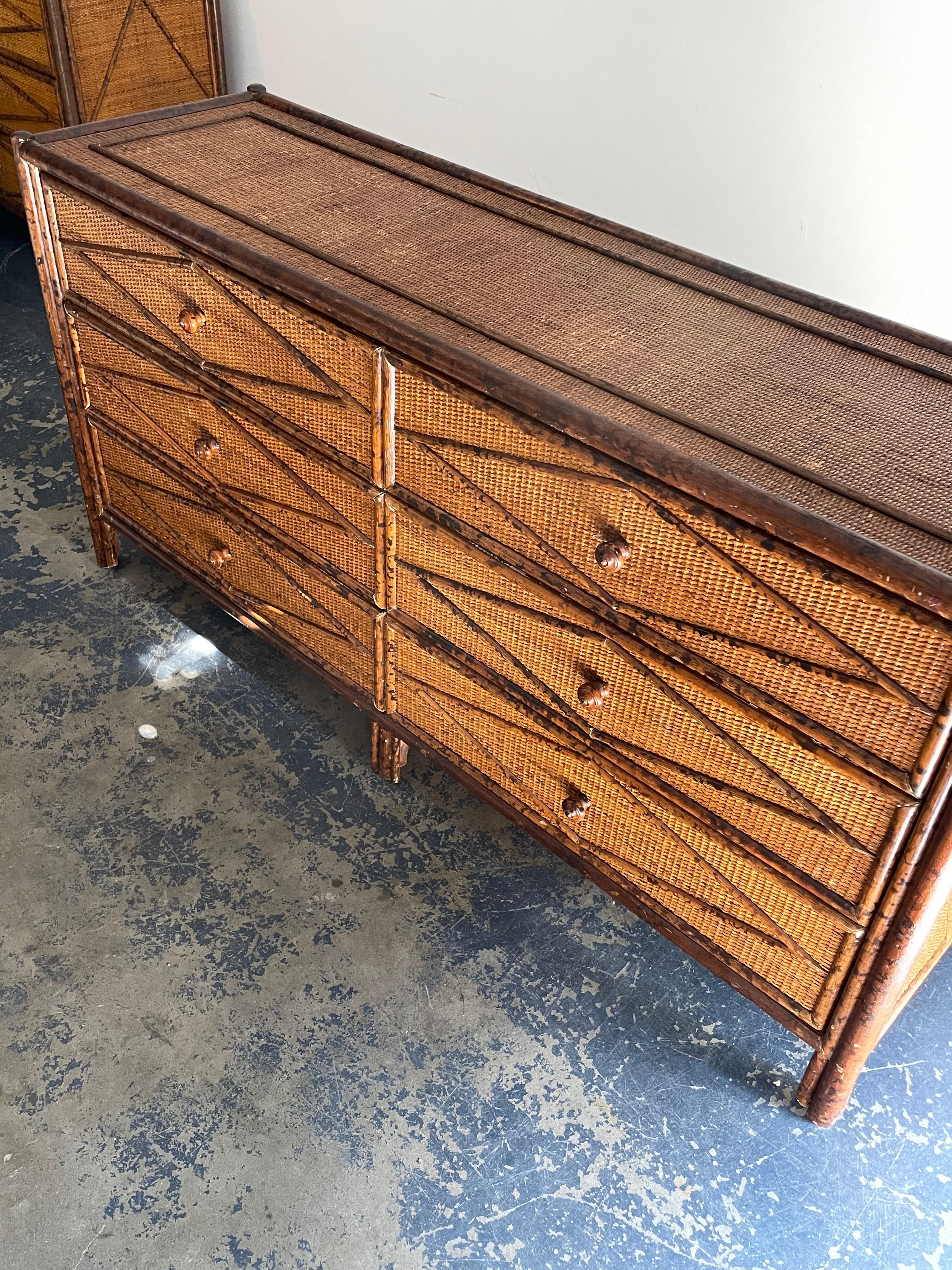 Vintage British Colonial Style Burnt Bamboo and Cane Dresser 3