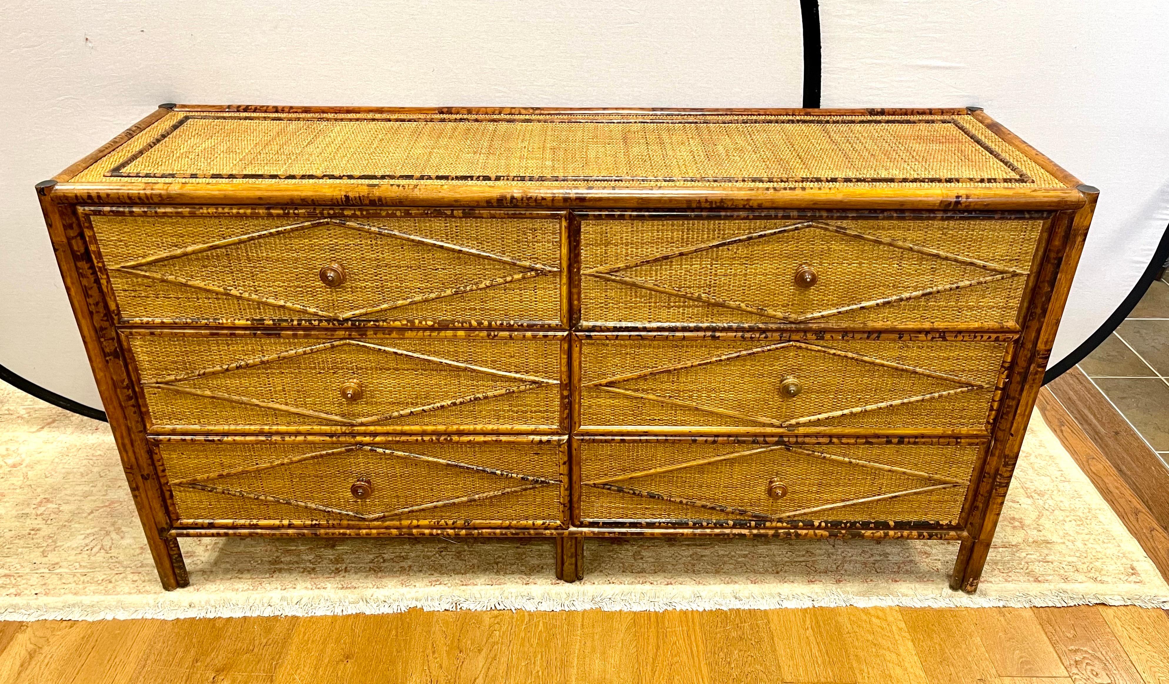 Vintage British Colonial Style Burnt Bamboo, Rattan and Cane Dresser 3