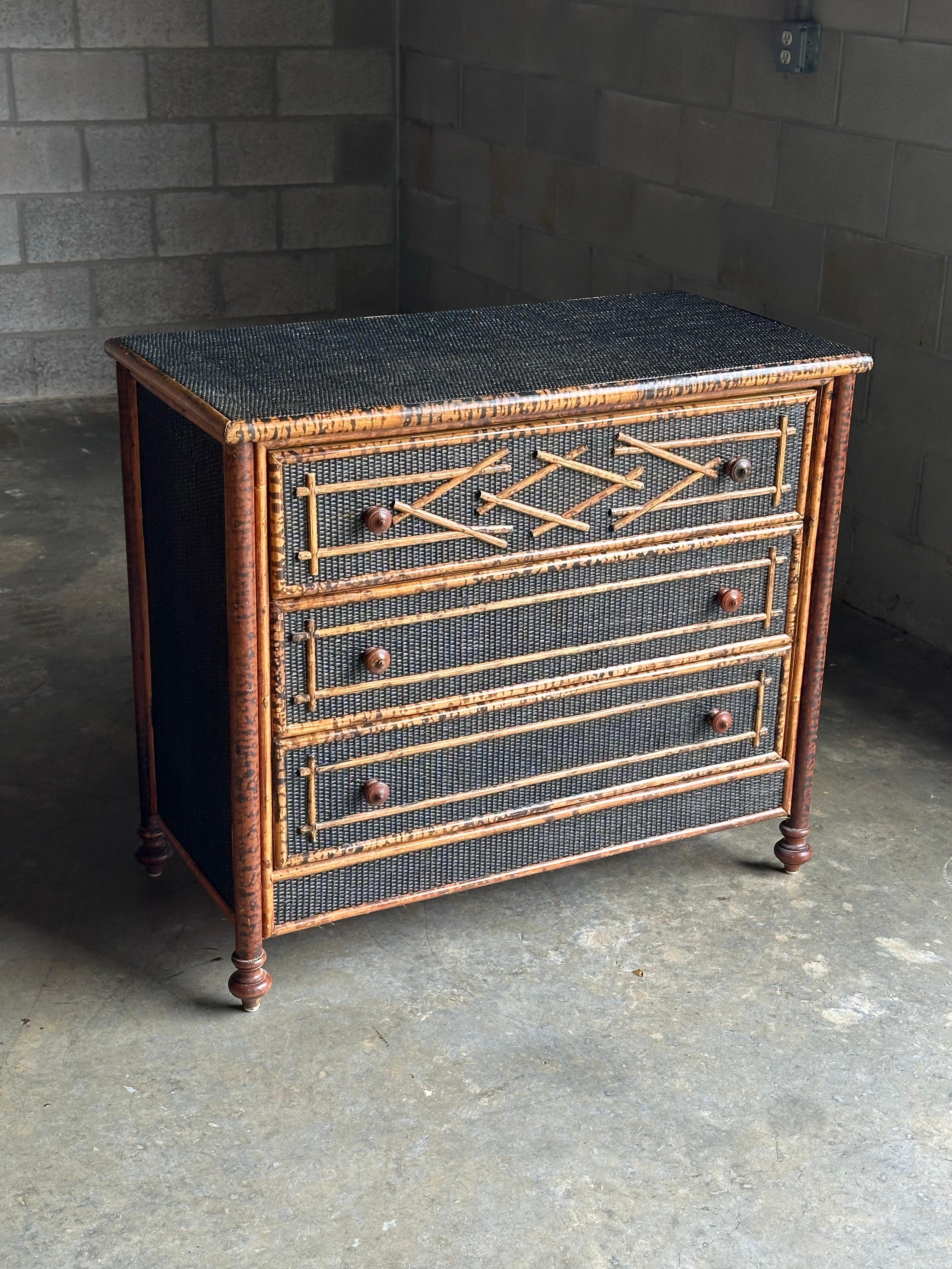 Vintage British Colonial Style Burnt Bamboo and Cane Dresser For Sale 4