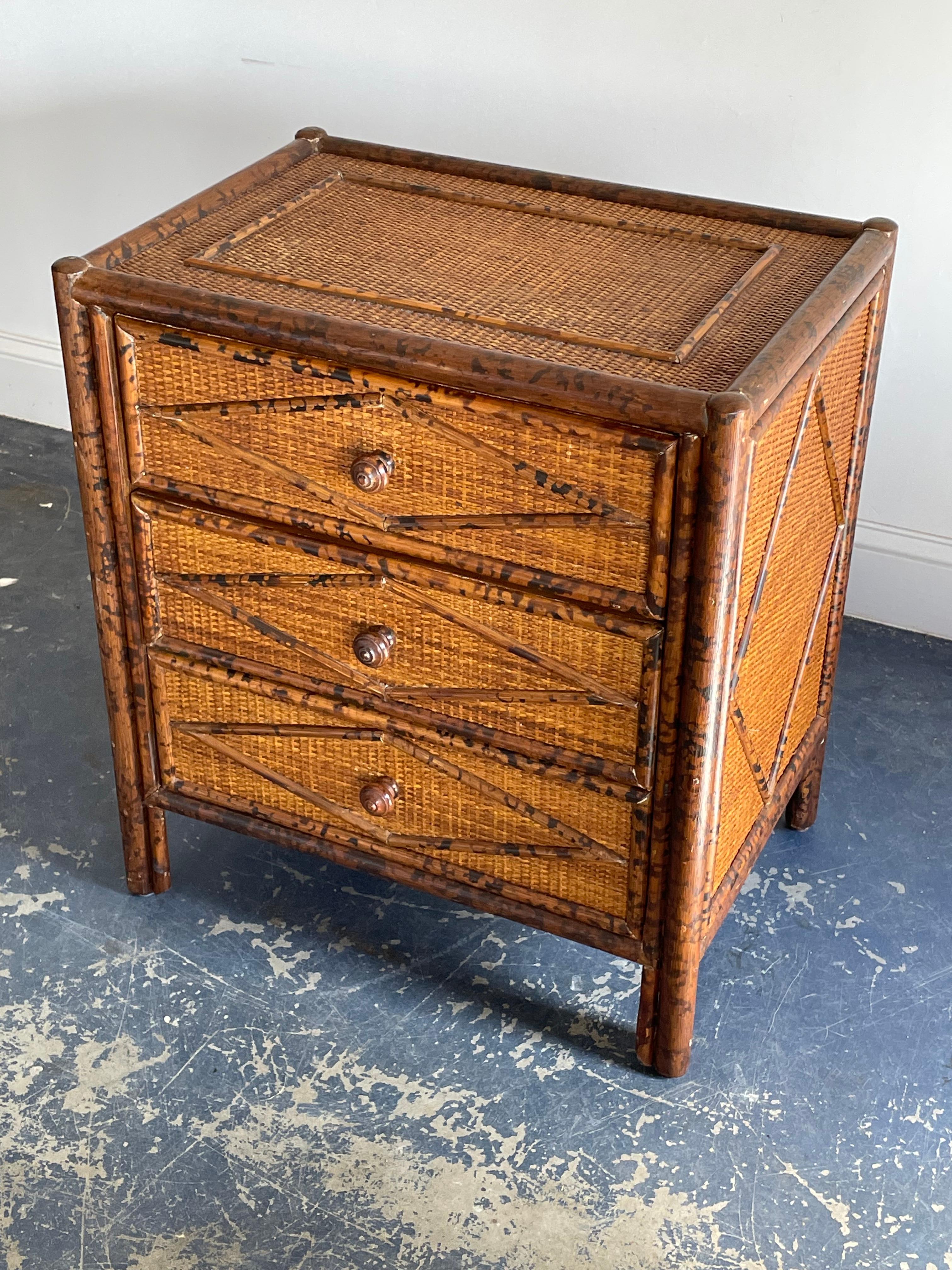 Vintage British Colonial Style Burnt Bamboo and Cane Nightstand 6