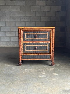 Vintage British Colonial Style Burnt Bamboo and Cane Nightstand