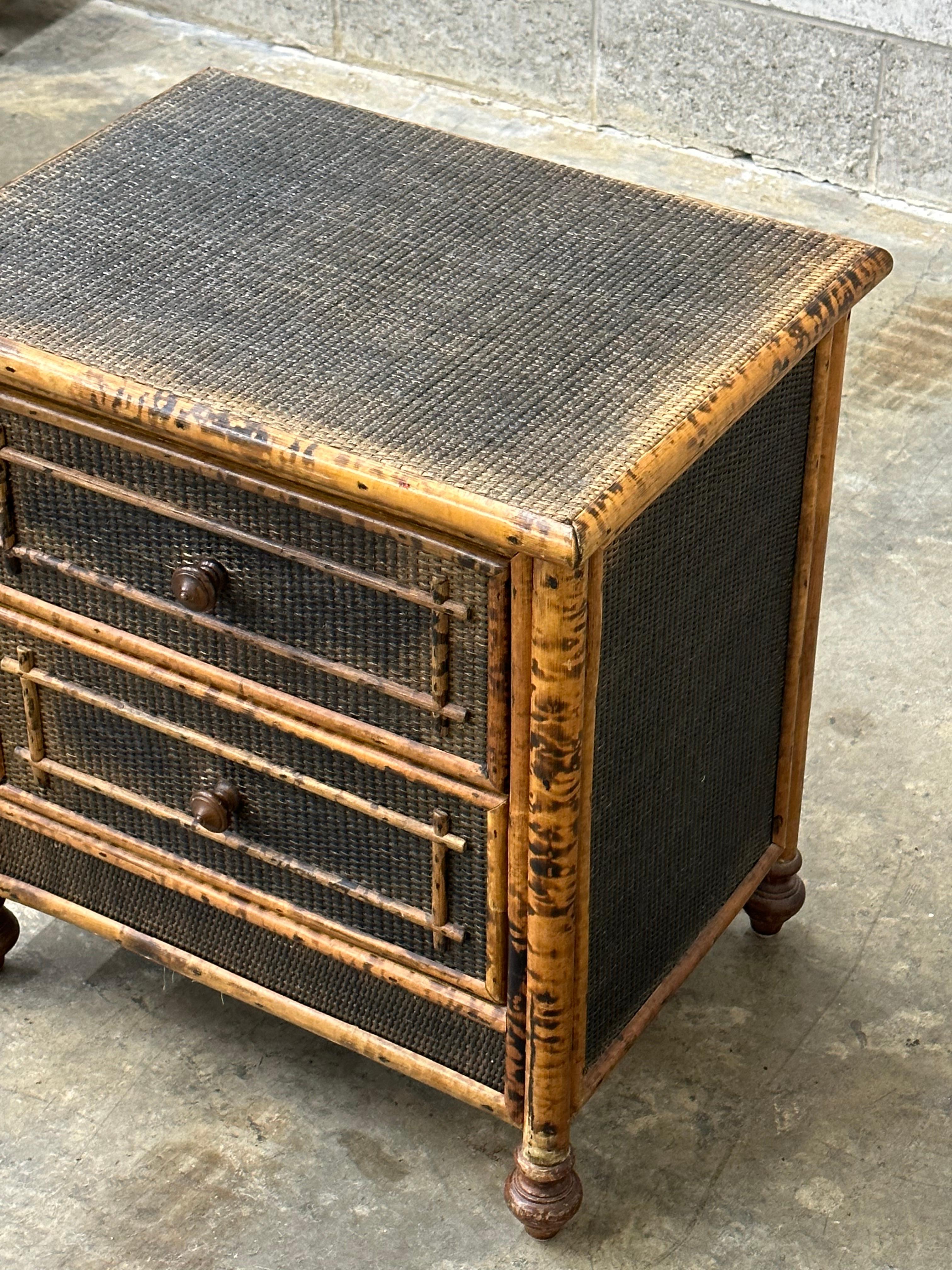 Philippine Vintage British Colonial Style Burnt Bamboo and Cane Nightstand