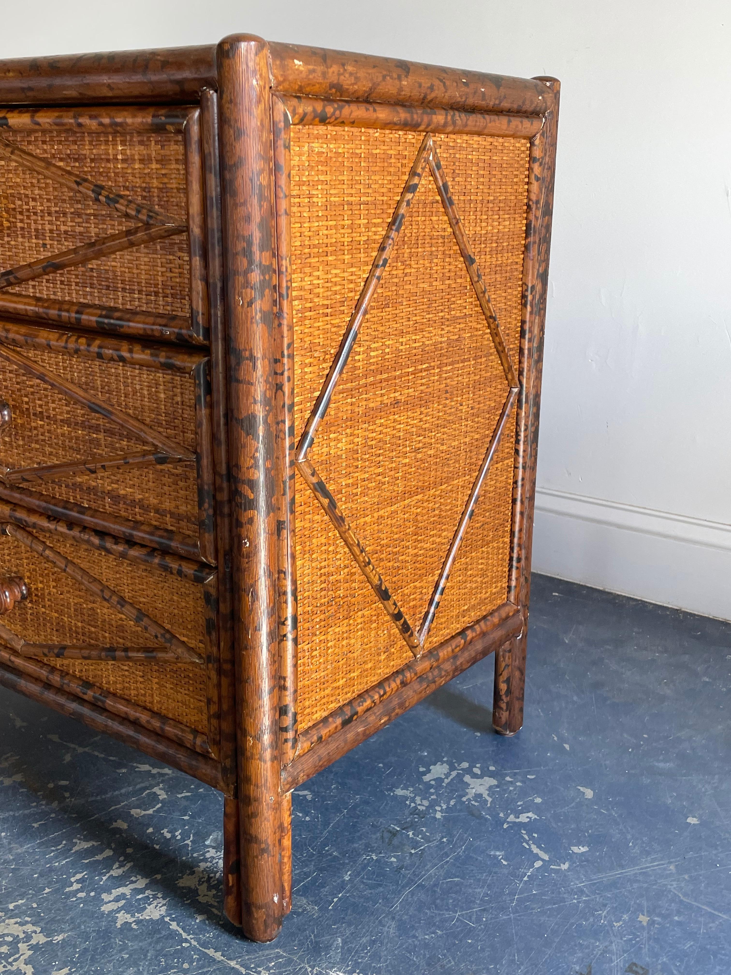 American Vintage British Colonial Style Burnt Bamboo and Cane Nightstand