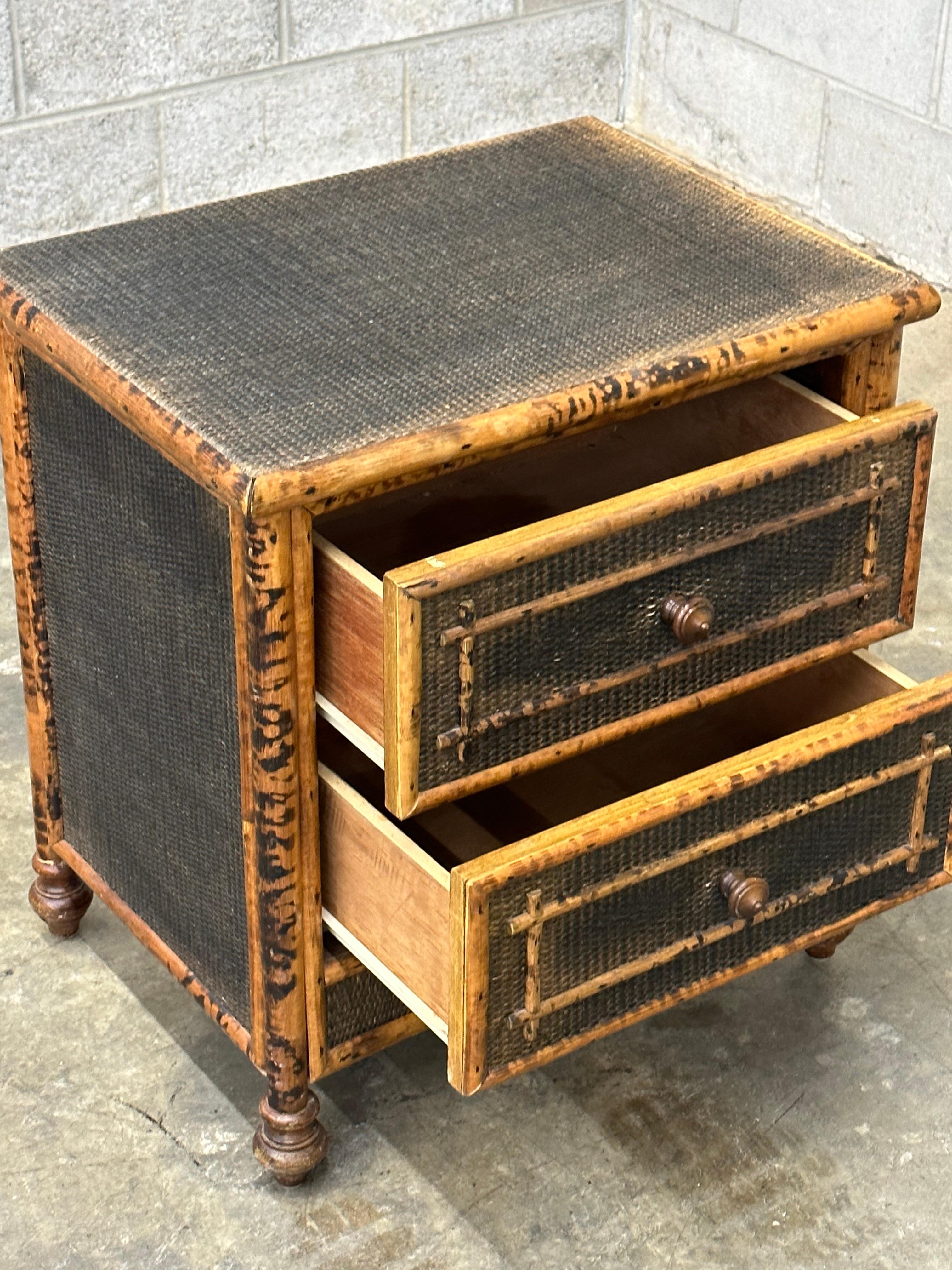 Vintage British Colonial Style Burnt Bamboo and Cane Nightstand In Good Condition In St.Petersburg, FL