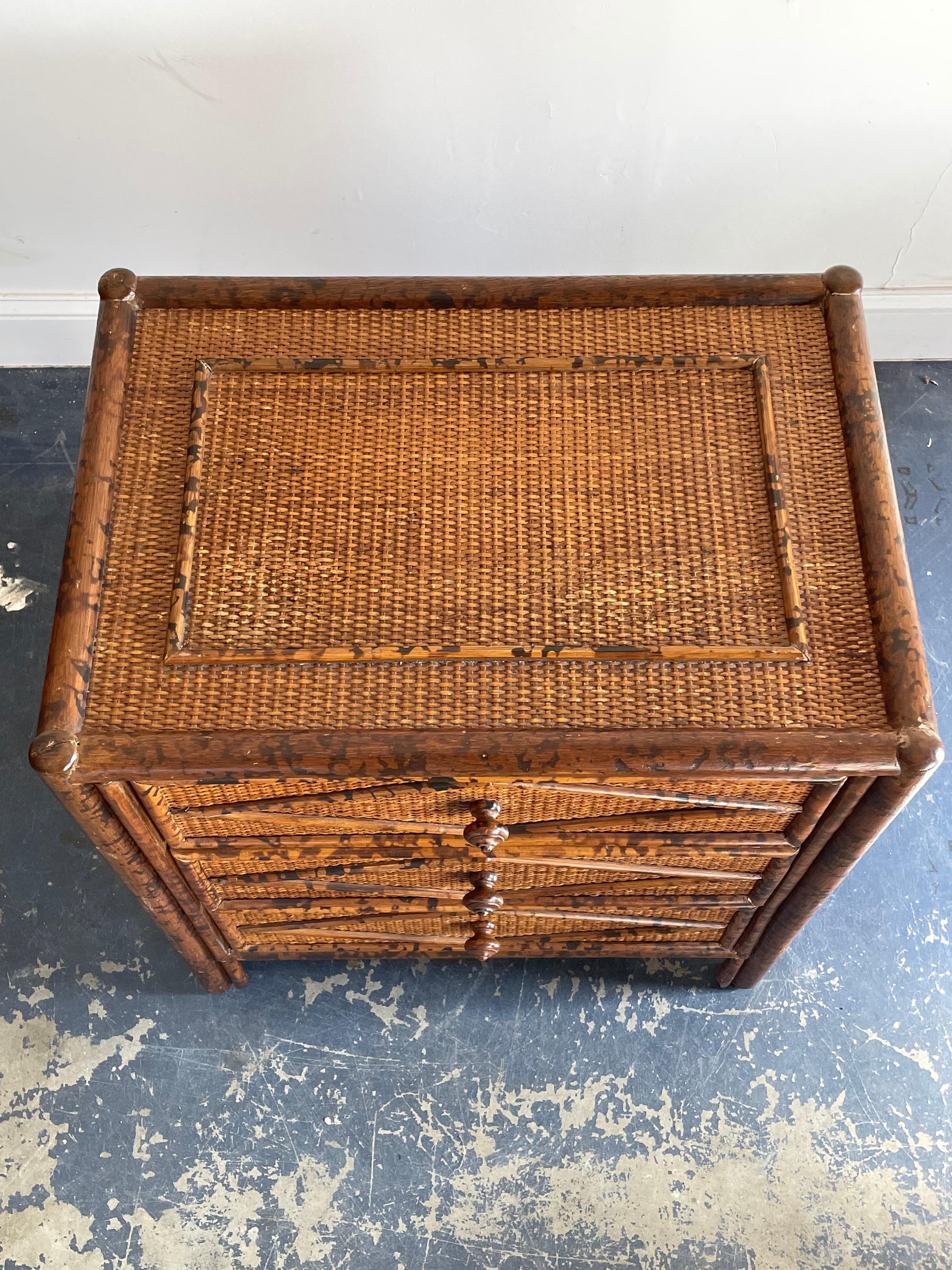 Late 20th Century Vintage British Colonial Style Burnt Bamboo and Cane Nightstand