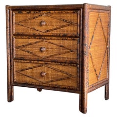 Vintage British Colonial Style Burnt Bamboo and Cane Nightstand