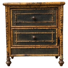Vintage British Colonial Style Burnt Bamboo and Cane Nightstand