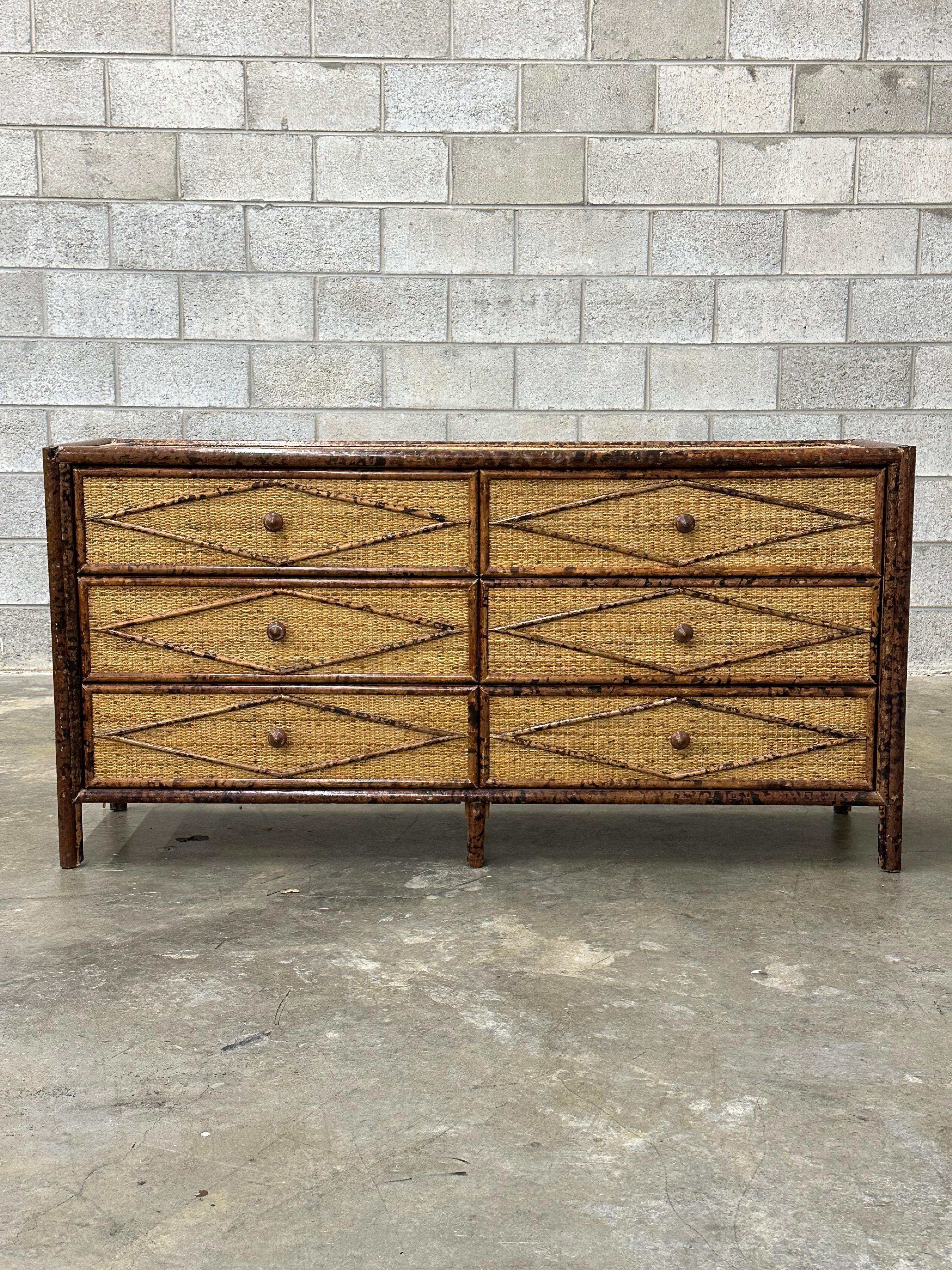 Vintage British Colonial Style Burnt Bamboo and Rattan Lowboy Dresser 4