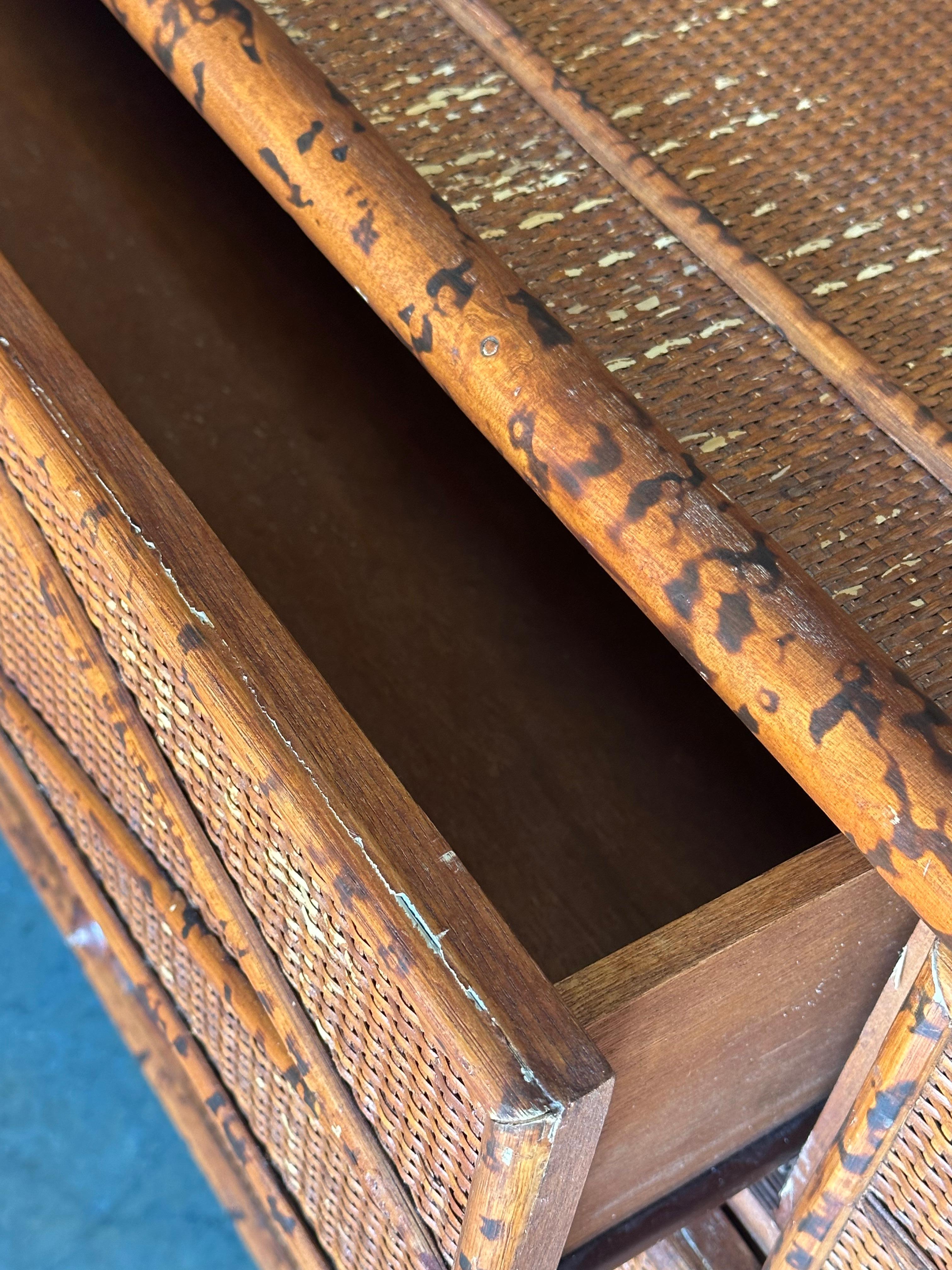 Vintage British Colonial Style Burnt Bamboo and Rattan Lowboy Dresser 5
