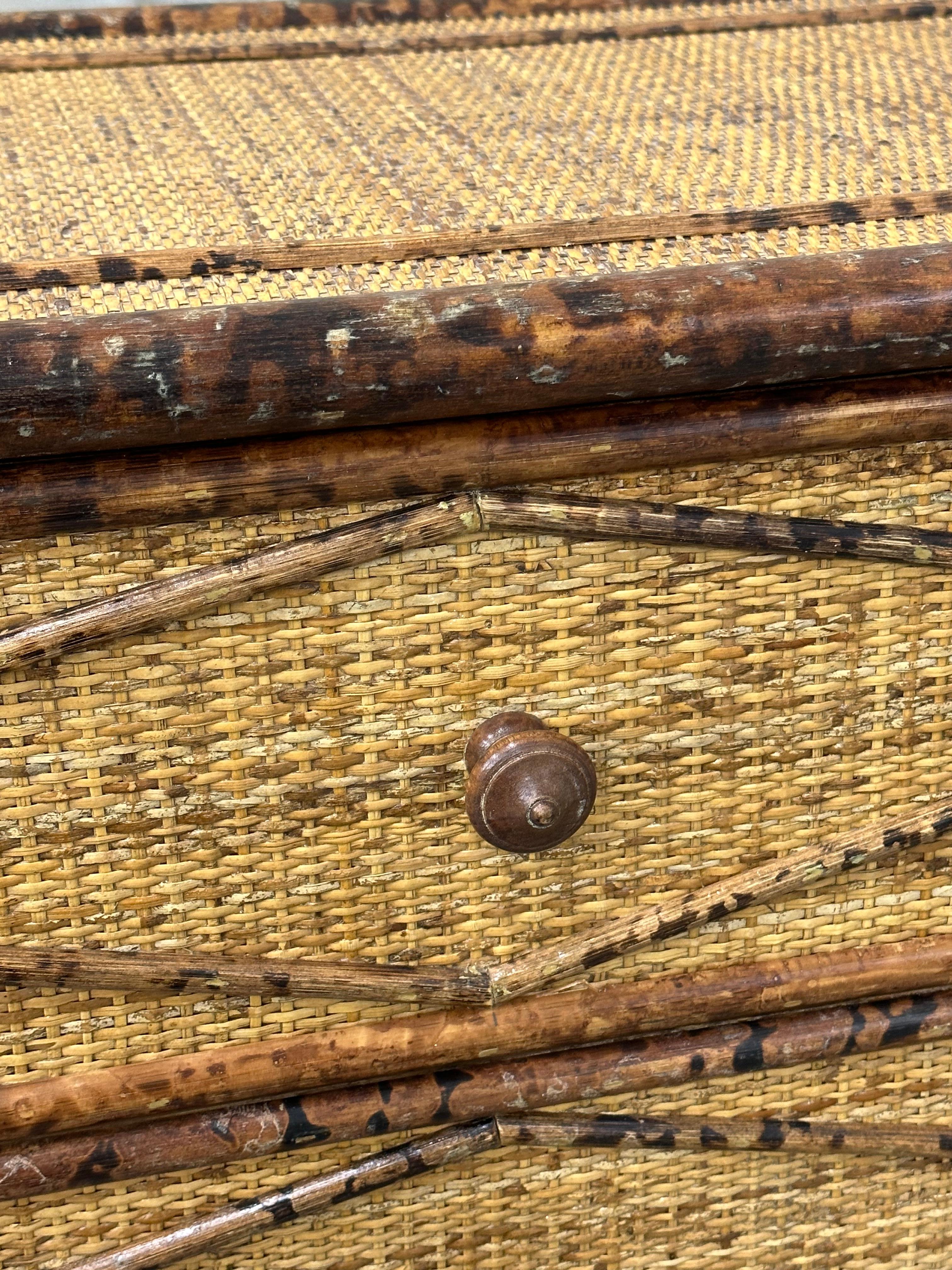 Vintage British Colonial Style Burnt Bamboo and Rattan Lowboy Dresser 5