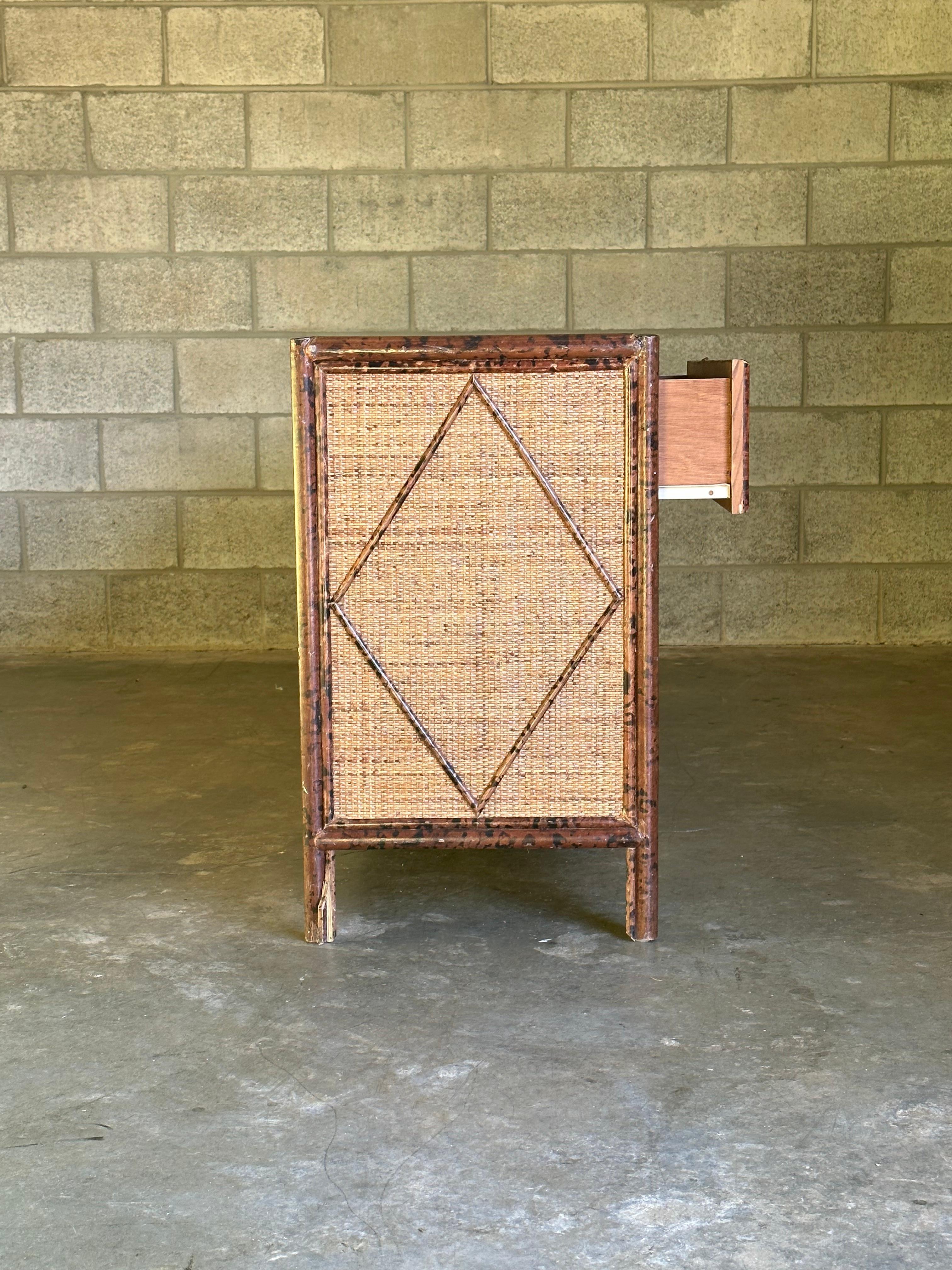 Vintage British Colonial Style Burnt Bamboo and Rattan Lowboy Dresser 8