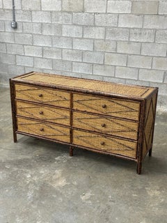 Vintage British Colonial Style Burnt Bamboo and Rattan Lowboy Dresser